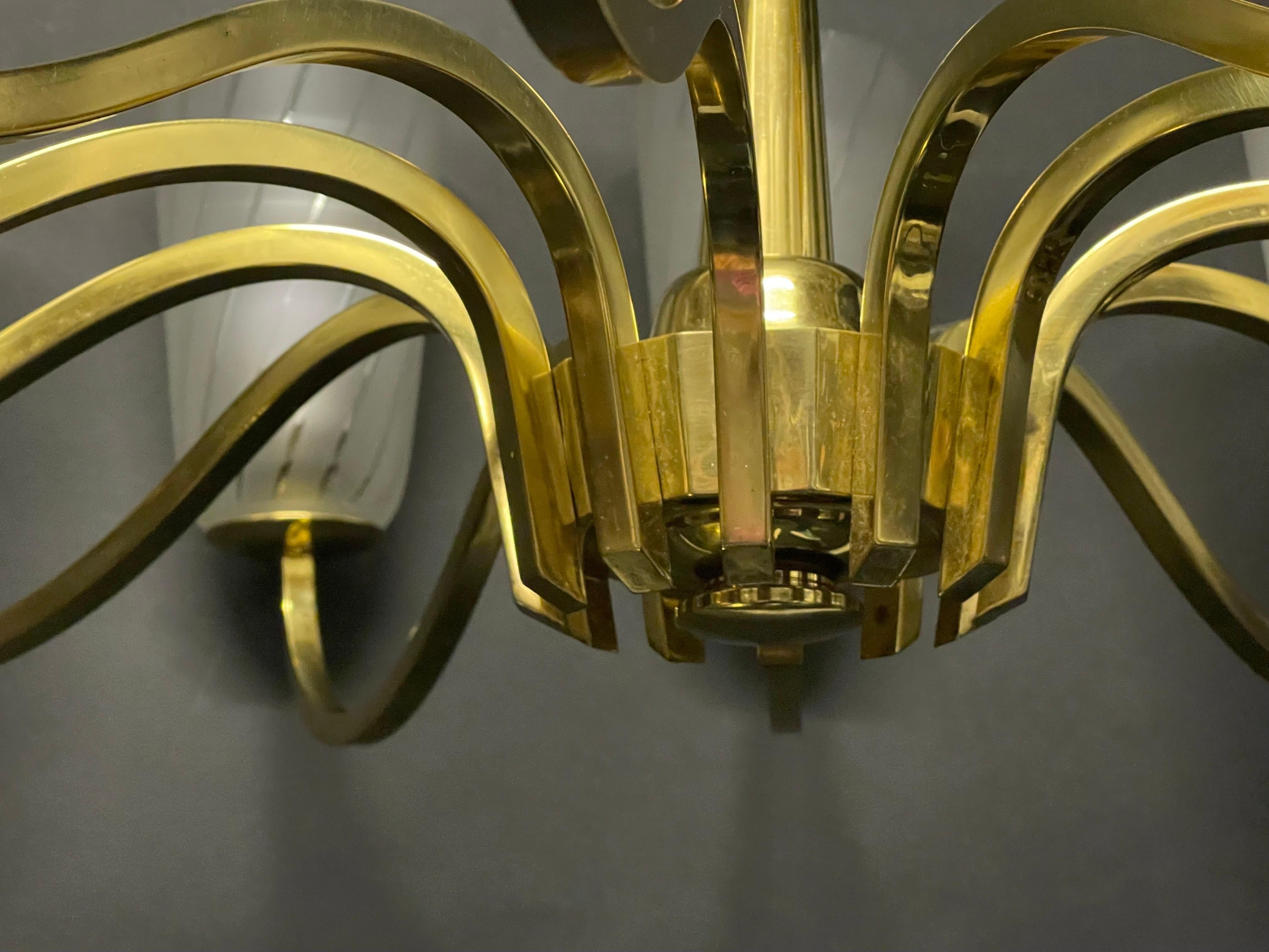 Huge German Art Deco Polished Brass and Frosted Glass Chandelier, 1940s For Sale 9