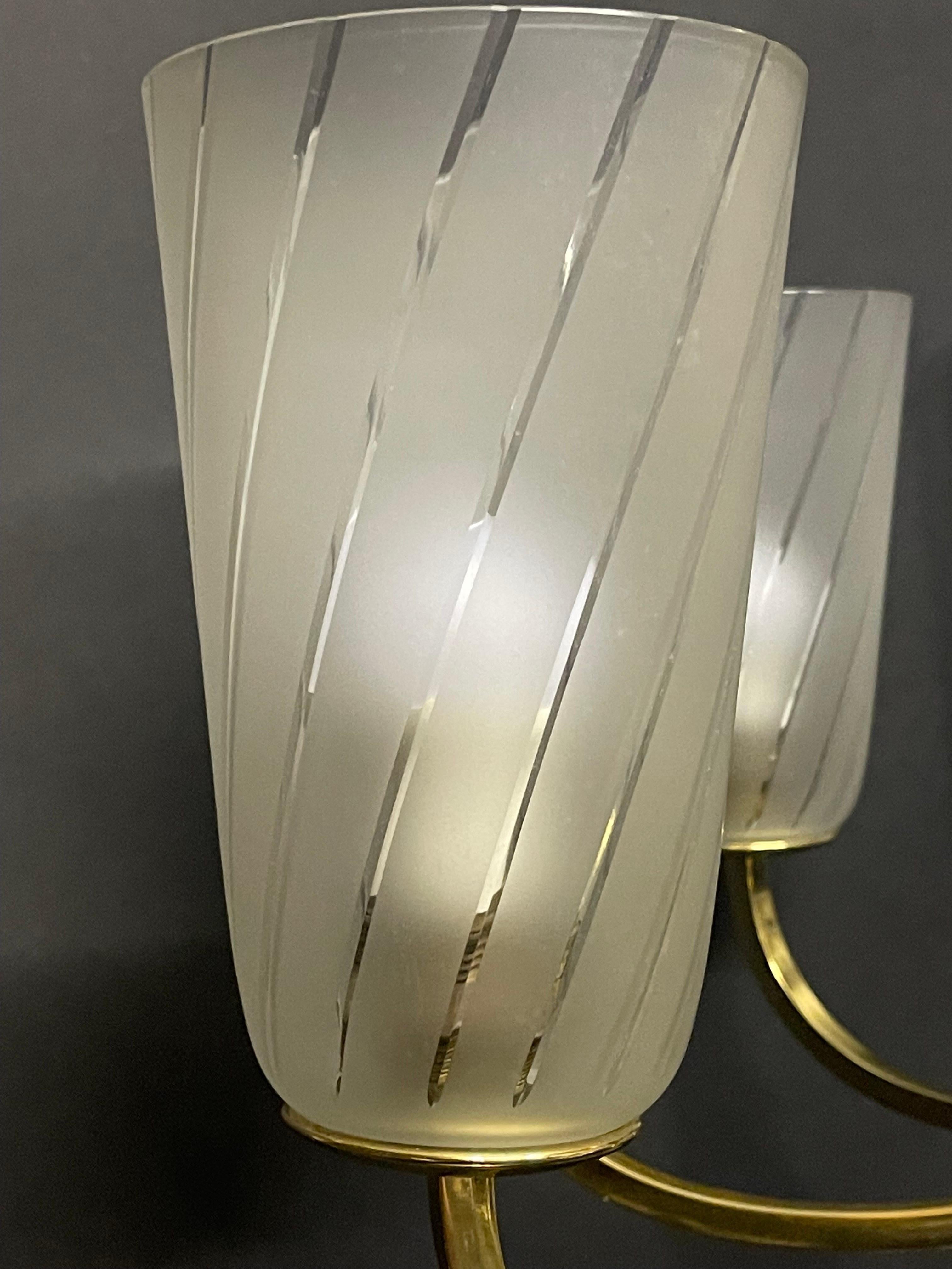 Huge German Art Deco Polished Brass and Frosted Glass Chandelier, 1940s For Sale 10