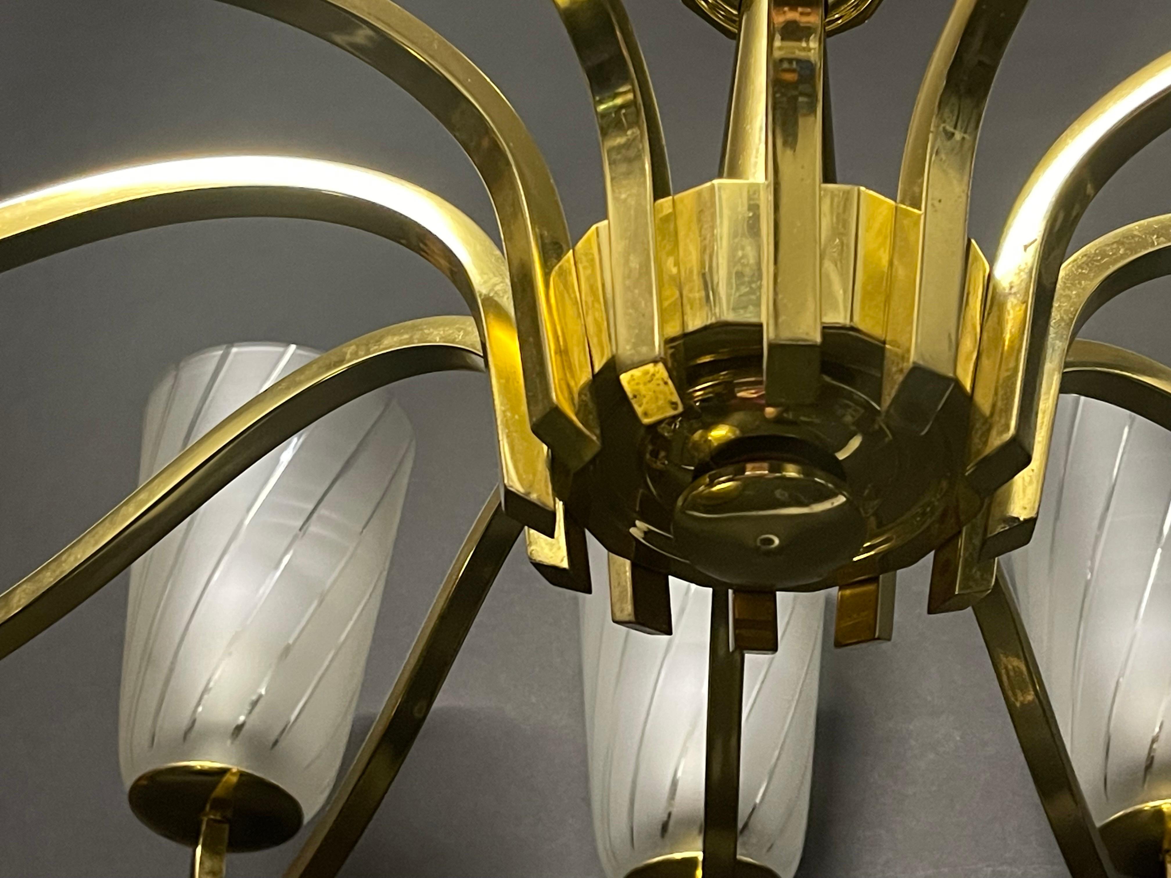 Huge German Art Deco Polished Brass and Frosted Glass Chandelier, 1940s For Sale 11