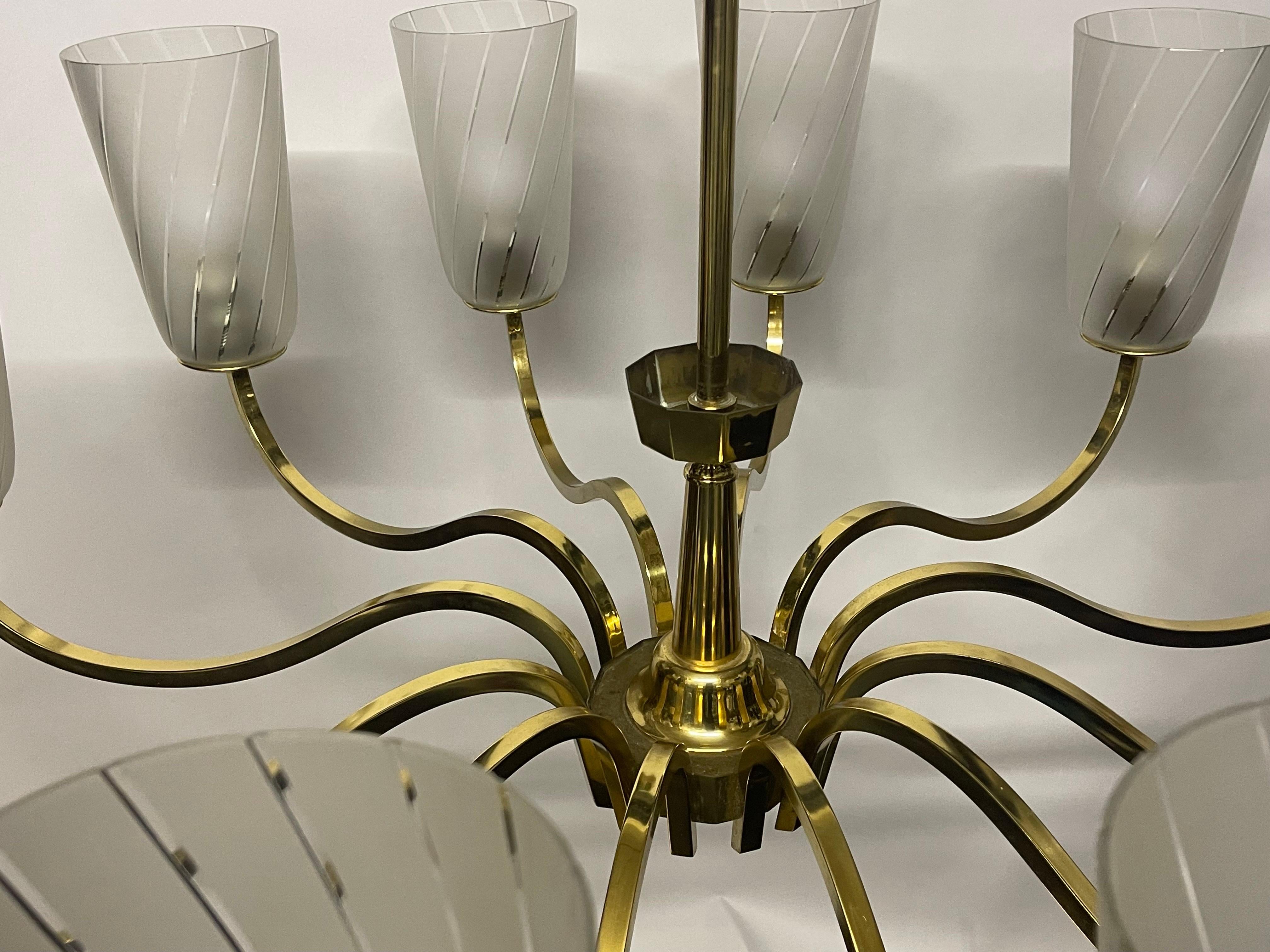 Huge German Art Deco Polished Brass and Frosted Glass Chandelier, 1940s For Sale 12