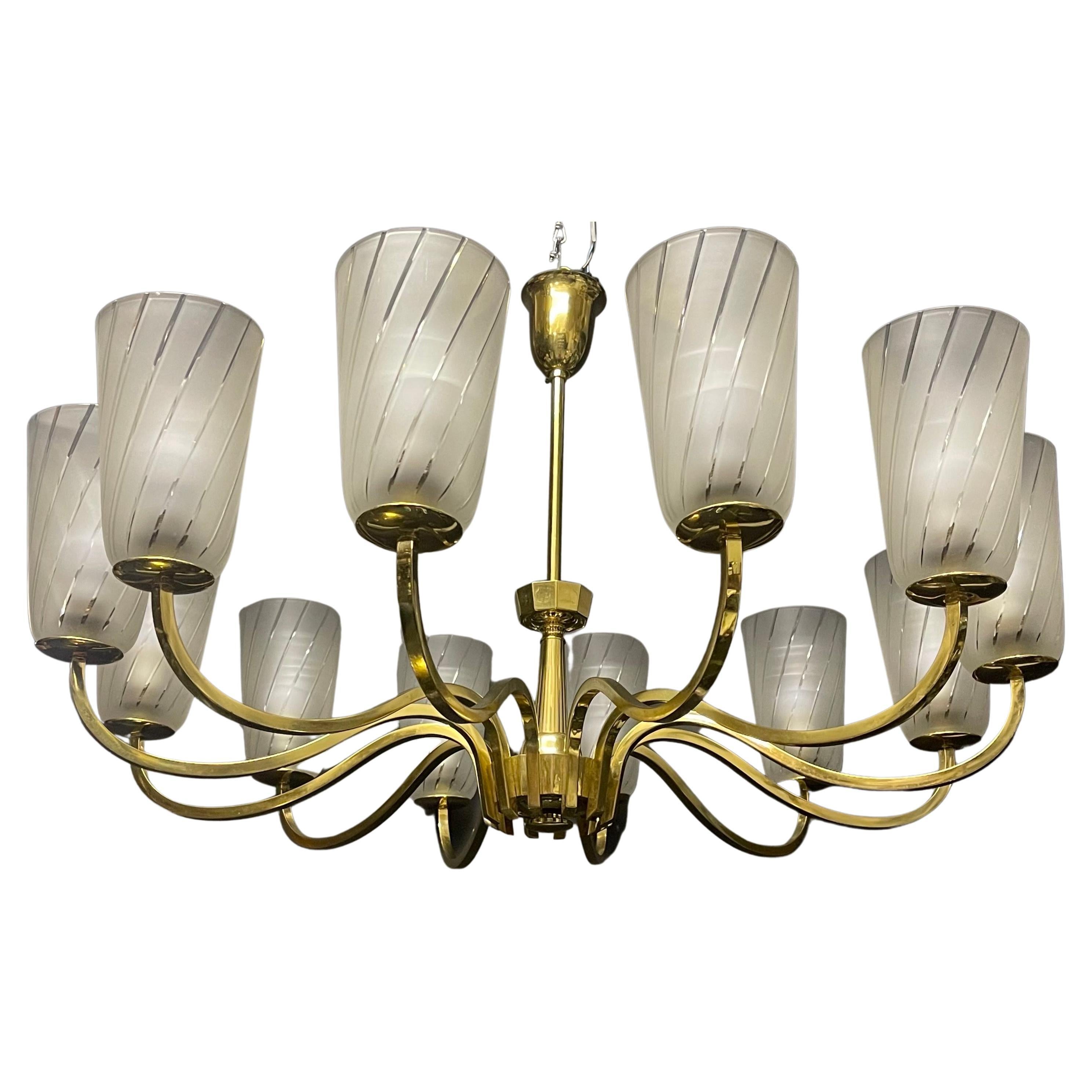 Huge German Art Deco Polished Brass and Frosted Glass Chandelier, 1940s
