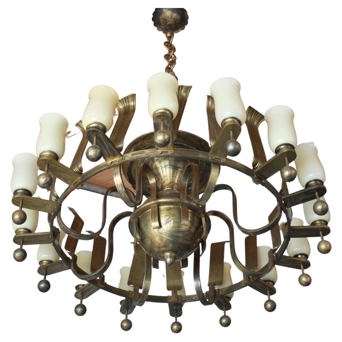 Huge German Art Deco Solid Brass and Opal Glass Chandelier, 1930s In Good Condition In Wiesbaden, Hessen