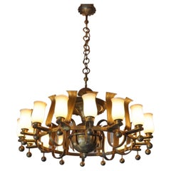 Huge German Art Deco Solid Brass and Opal Glass Chandelier, 1930s