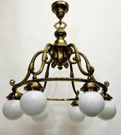 Huge German Art Nouveau Bronze and Opal Glass Globe Chandelier, 1920s