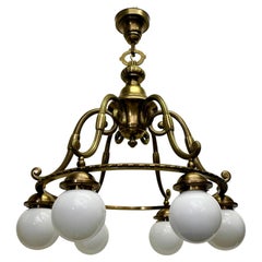 Huge German Art Nouveau Bronze and Opal Glass Globe Chandelier, 1920s