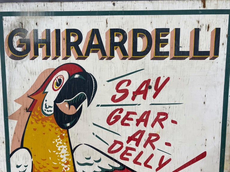 Mid-Century Modern Huge Ghirardelli Chocolate Parrot Mascot Painted Wood Advertising Sign, 1930s For Sale