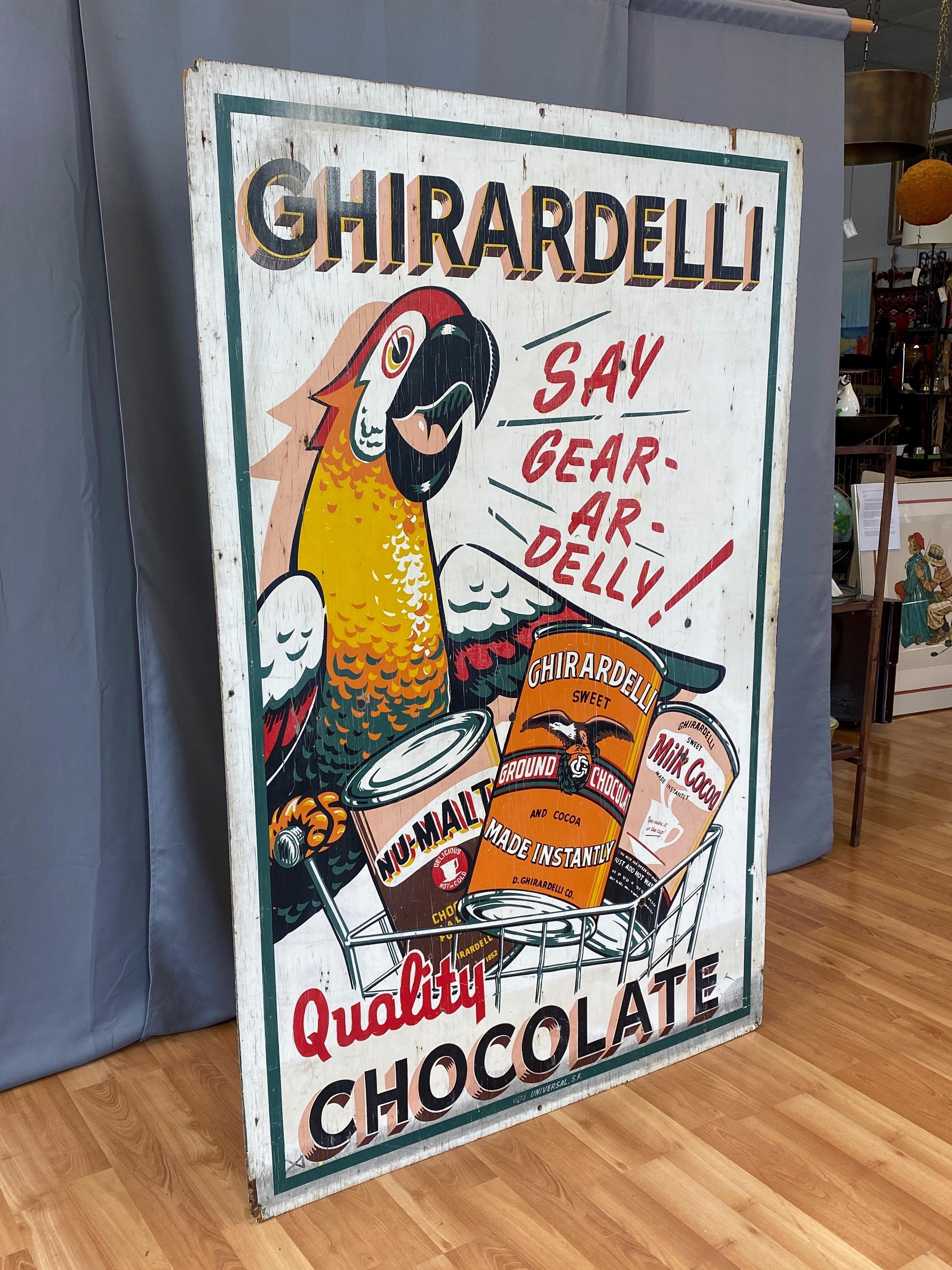 Mid-Century Modern Huge Ghirardelli Chocolate Parrot Mascot Painted Wood Advertising Sign, 1930s