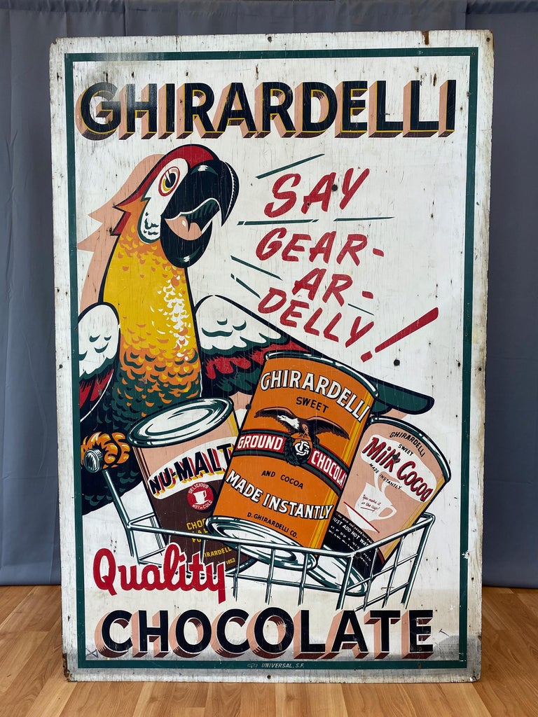 Mid-20th Century Huge Ghirardelli Chocolate Parrot Mascot Painted Wood Advertising Sign, 1930s For Sale