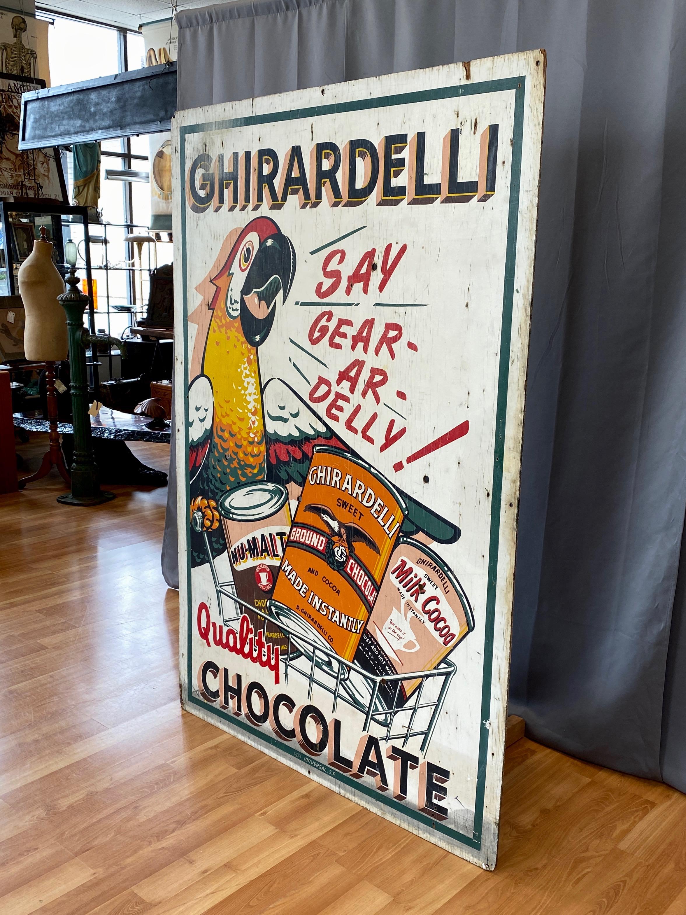 Hand-Painted Huge Ghirardelli Chocolate Parrot Mascot Painted Wood Advertising Sign, 1930s