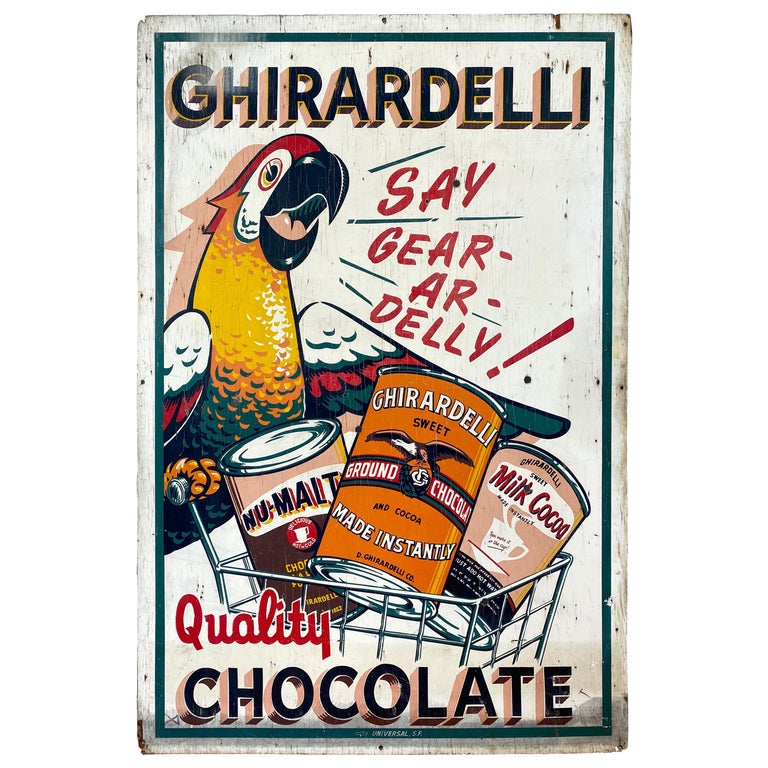Huge Ghirardelli Chocolate Parrot Mascot Painted Wood Advertising Sign, 1930s For Sale