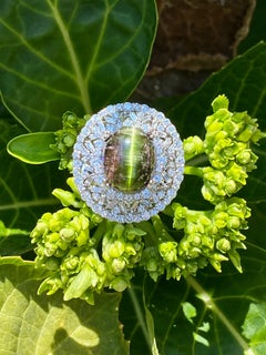 Huge GIA Certified Cat's Eye Tourmaline and Diamond 18K White Gold Cocktail Ring