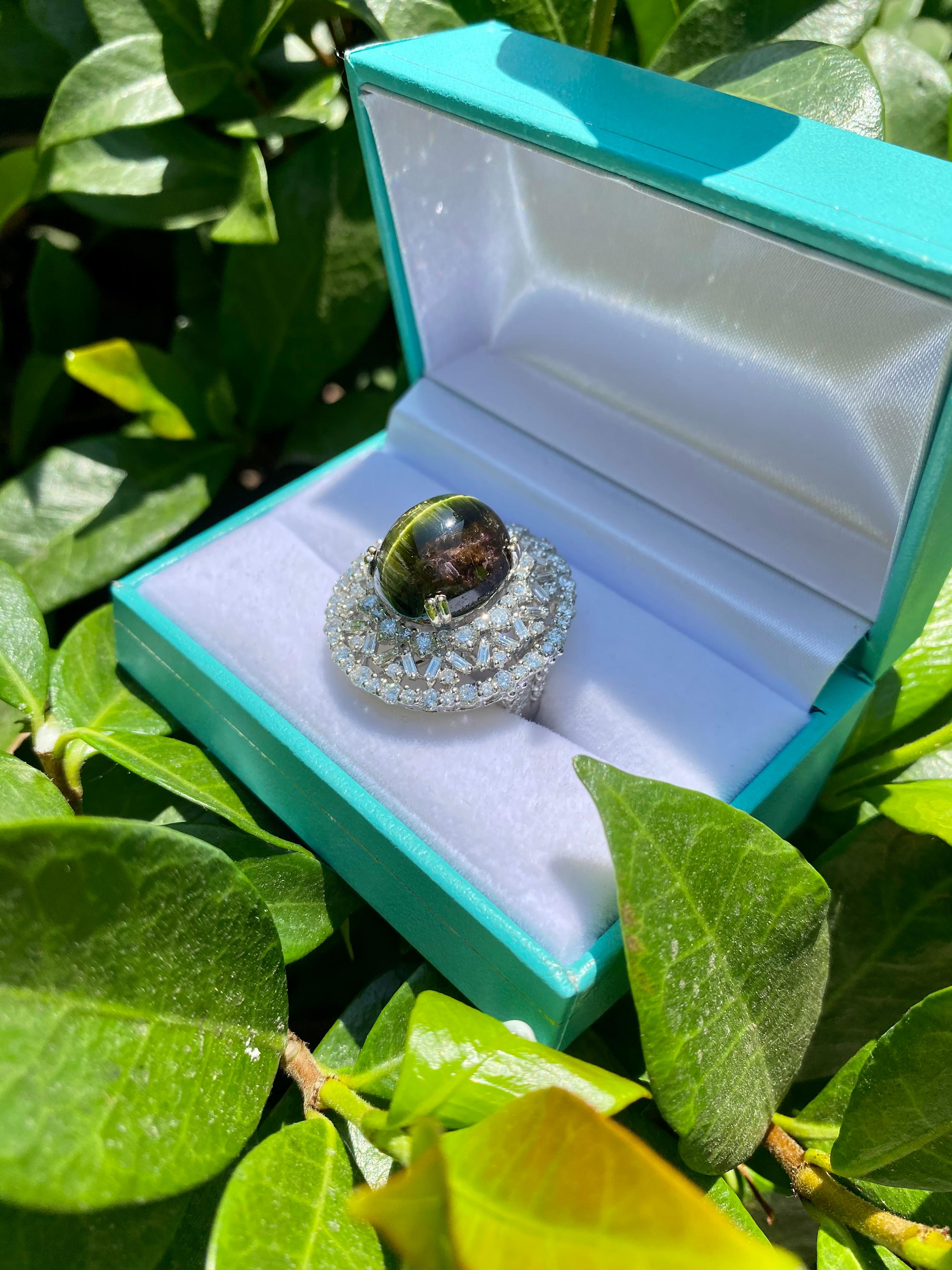 Huge GIA Certified Cat's Eye Tourmaline and Diamond 18K White Gold Cocktail Ring 3