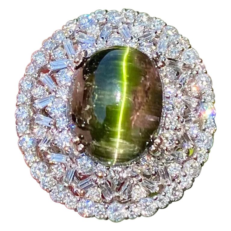 Huge GIA Certified Cat's Eye Tourmaline and Diamond 18K White Gold Cocktail Ring