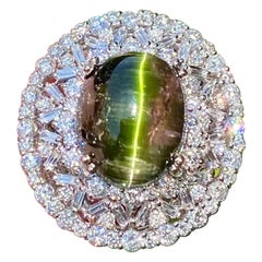 Huge GIA Certified Cat's Eye Tourmaline and Diamond 18K White Gold Cocktail Ring