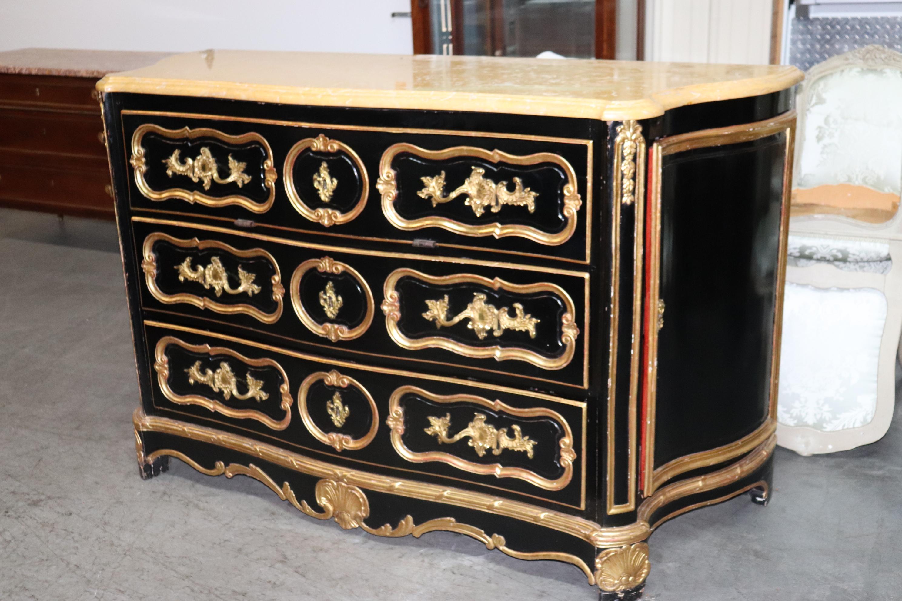 Huge Gilded Ebonized Period French Louis XV Marble Top Butlers Desk Commode For Sale 1