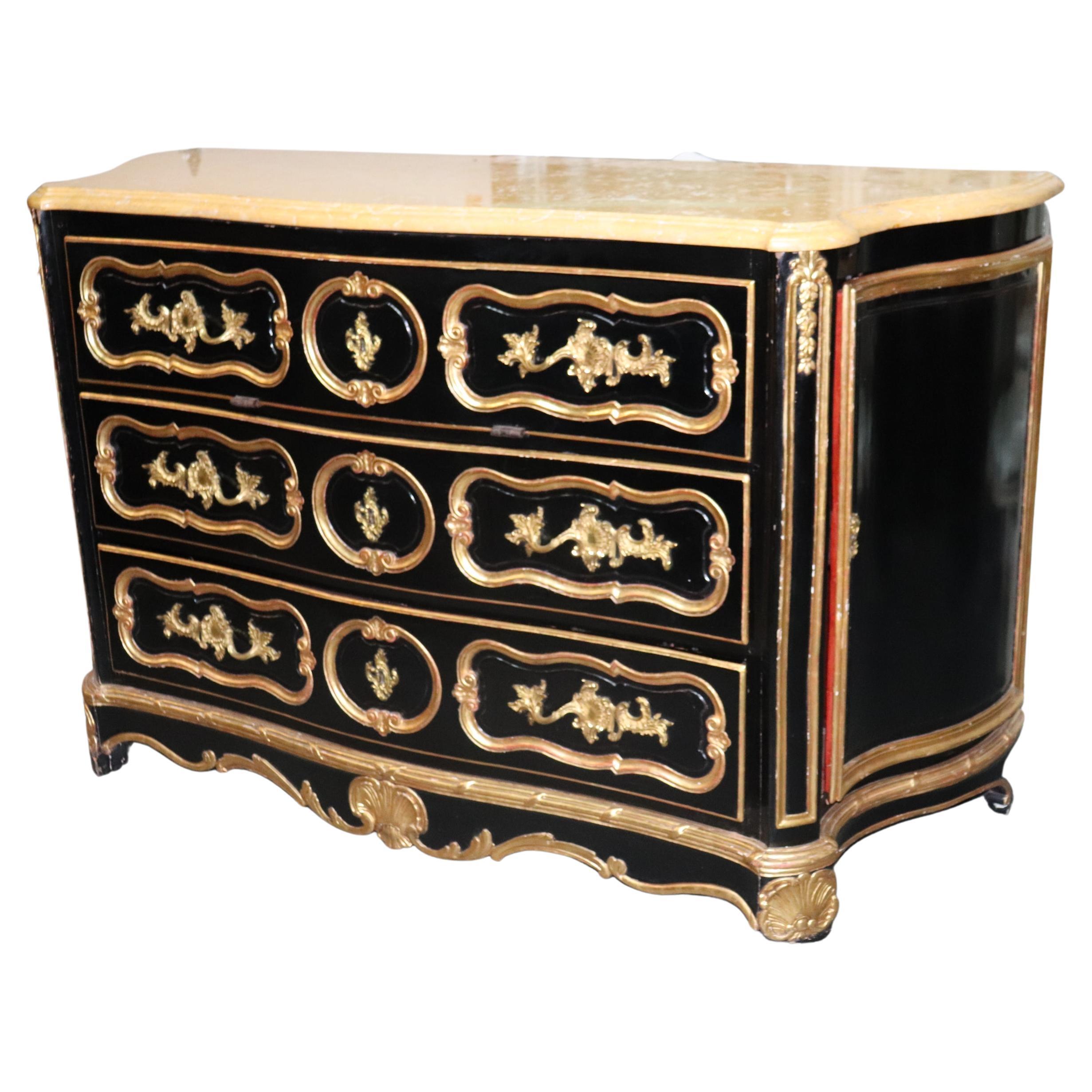 Huge Gilded Ebonized Period French Louis XV Marble Top Butlers Desk Commode For Sale