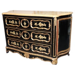 Antique Huge Gilded Ebonized Period French Louis XV Marble Top Butlers Desk Commode