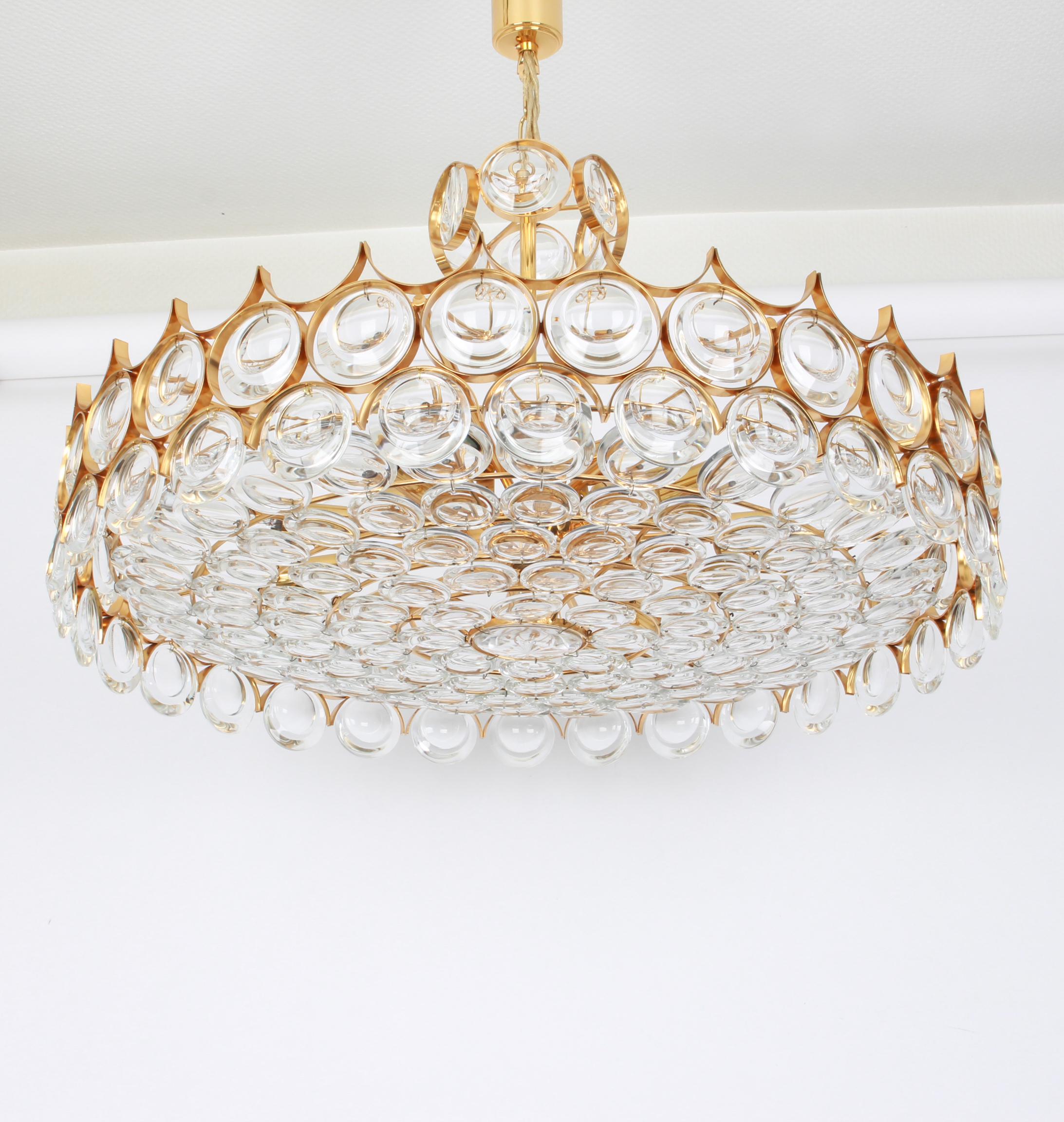 Gold Plate Huge Gilt Brass and Crystal Chandelier, Sciolari Design by Palwa, Germany, 1970s