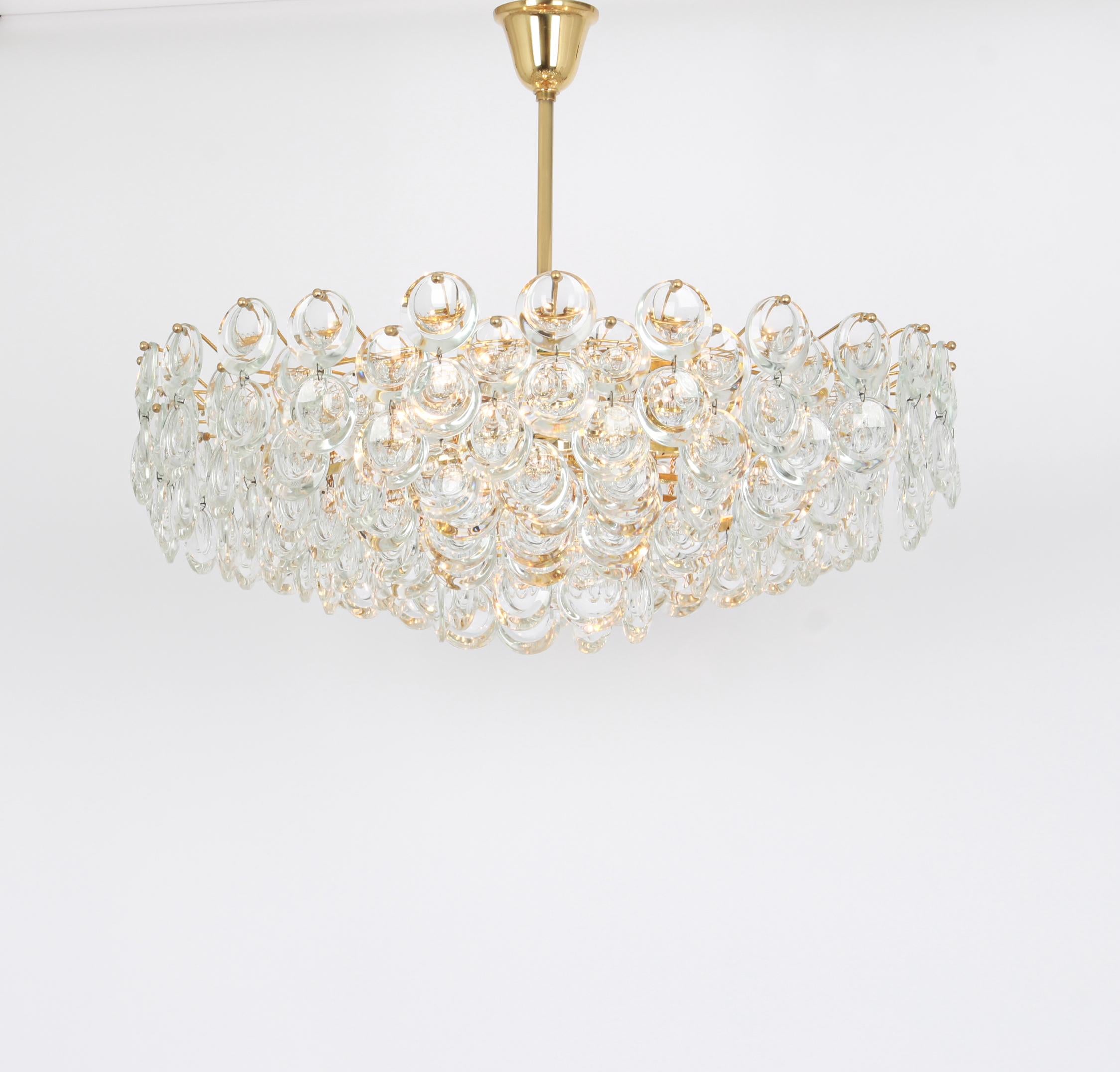 Gold Plate Huge Gilt Brass and Crystal Chandelier, Sciolari Design by Palwa, Germany, 1970s For Sale