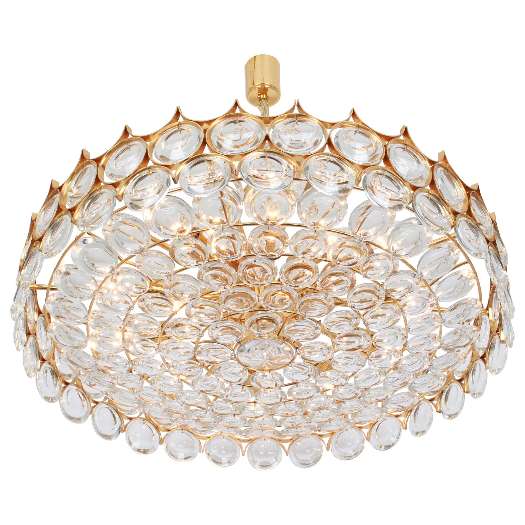 Huge Gilt Brass and Crystal Chandelier, Sciolari Design by Palwa, Germany, 1970s