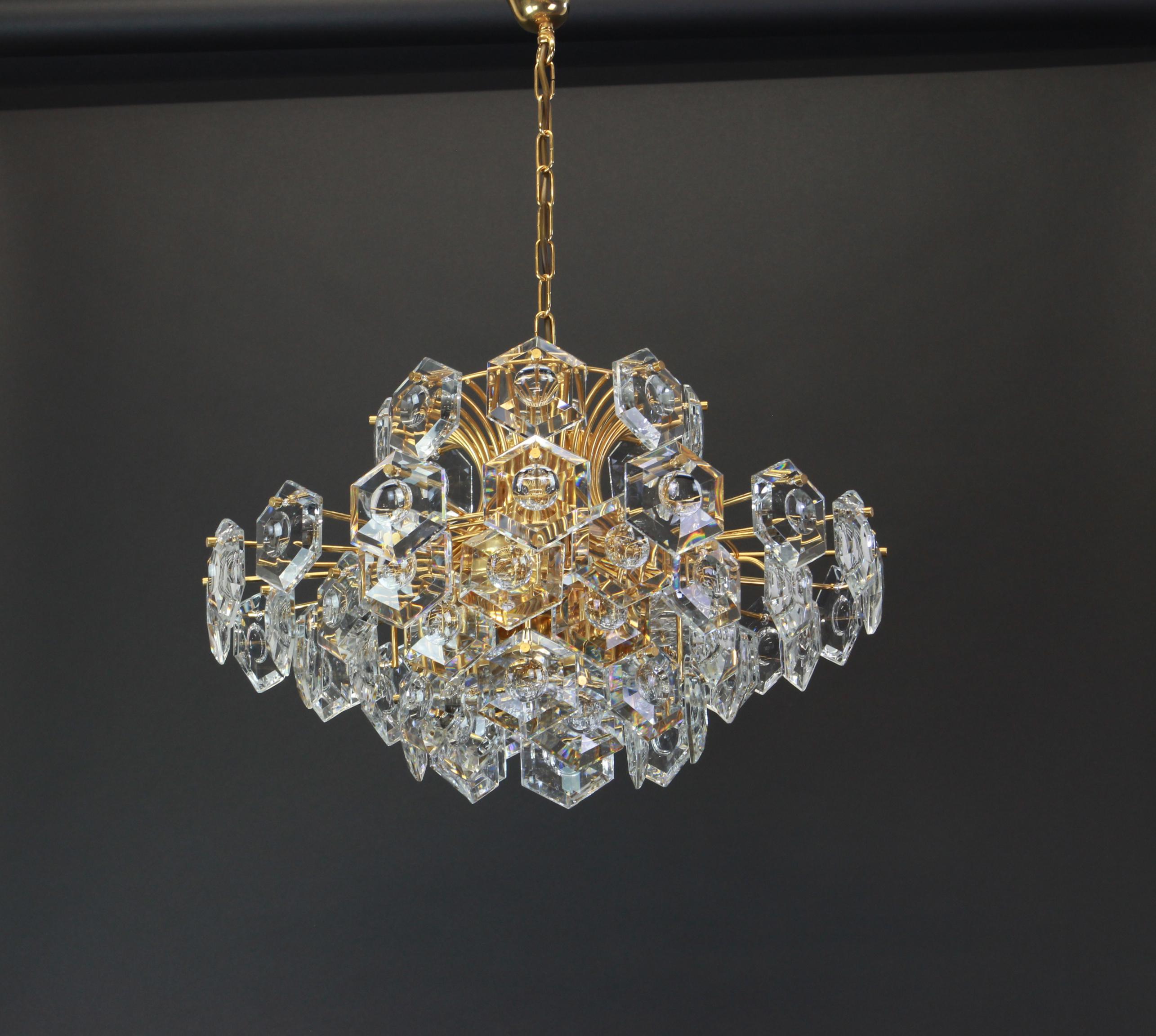 Mid-Century Modern Huge Gilt Brass and Crystal Glass Chandelier by Kinkeldey, Germany, 1960s For Sale