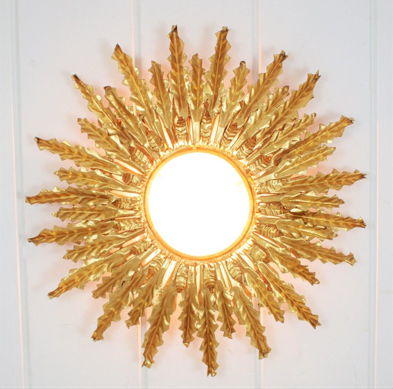 Huge Gilt Iron Leafed Sunburst Ceiling Flush Mount Backlit Sunburst Mirror