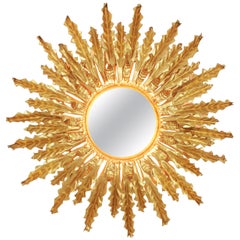 Huge Gilt Iron Leafed Sunburst Ceiling Flush Mount / Backlit Sunburst Mirror