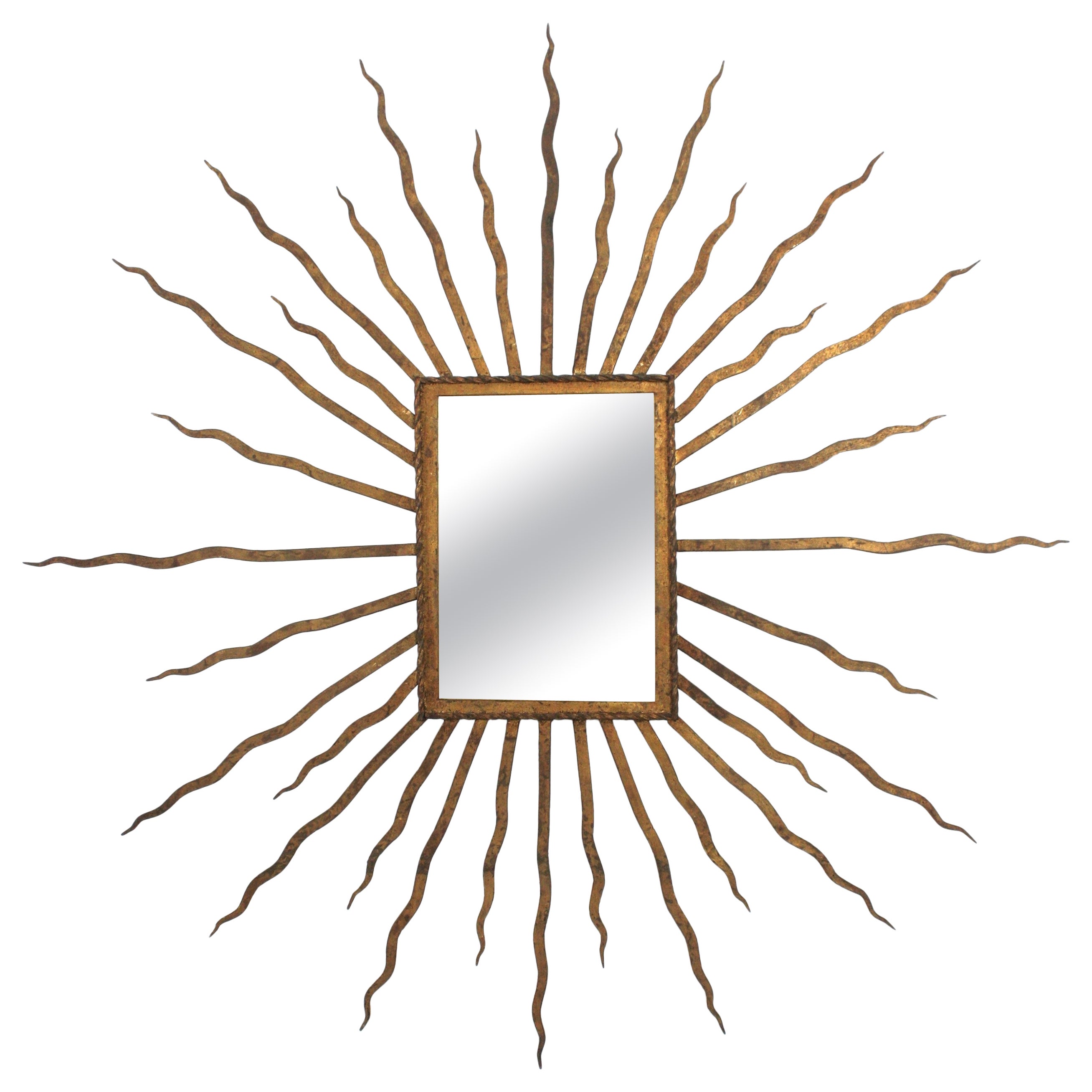Huge Gilt Wrought Iron Sunburst Starburst Mirror, Style of Poillerat (49 in)