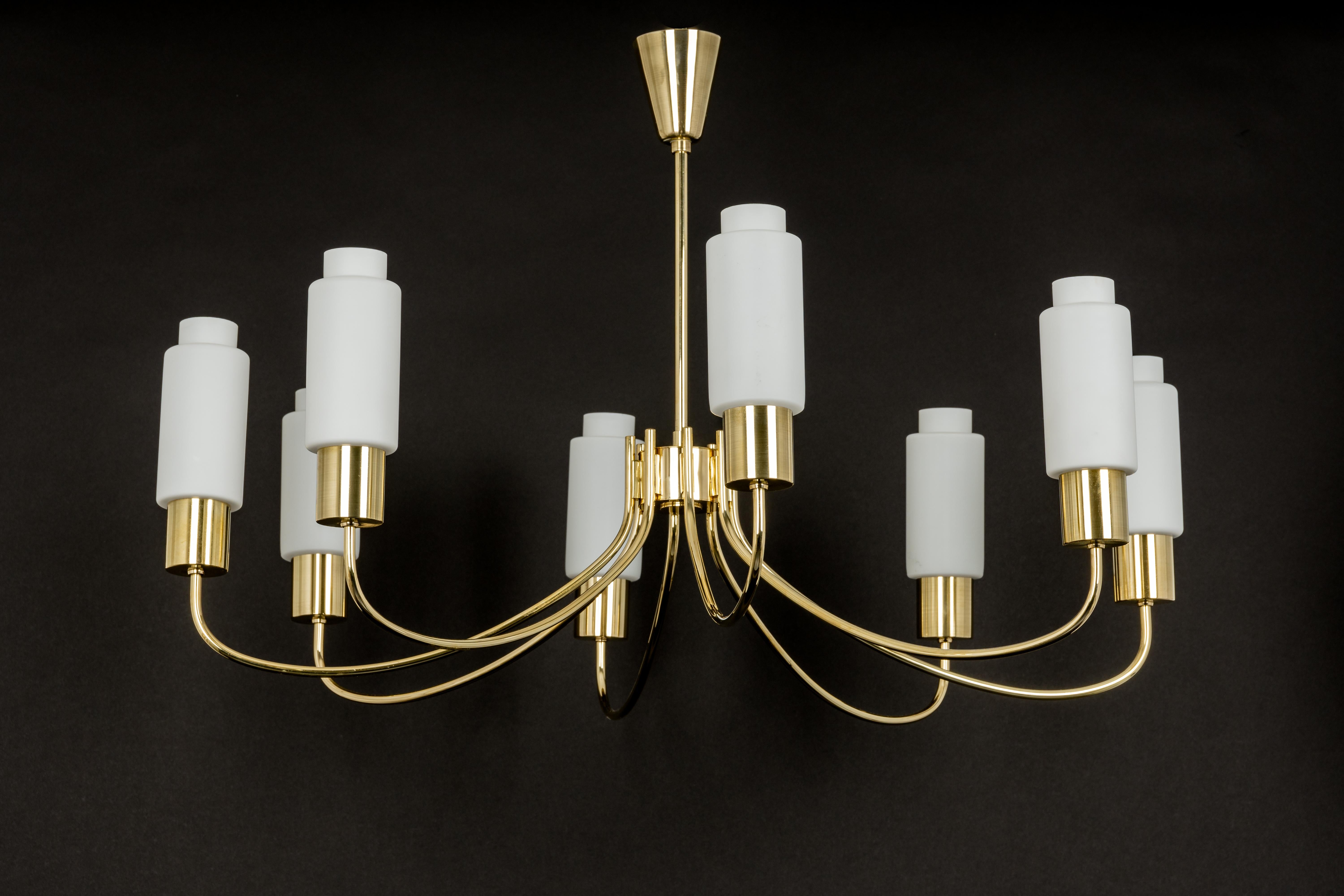 Brass Huge Glass Classic Chandelier, in the Style of Stilnovo, 1950s