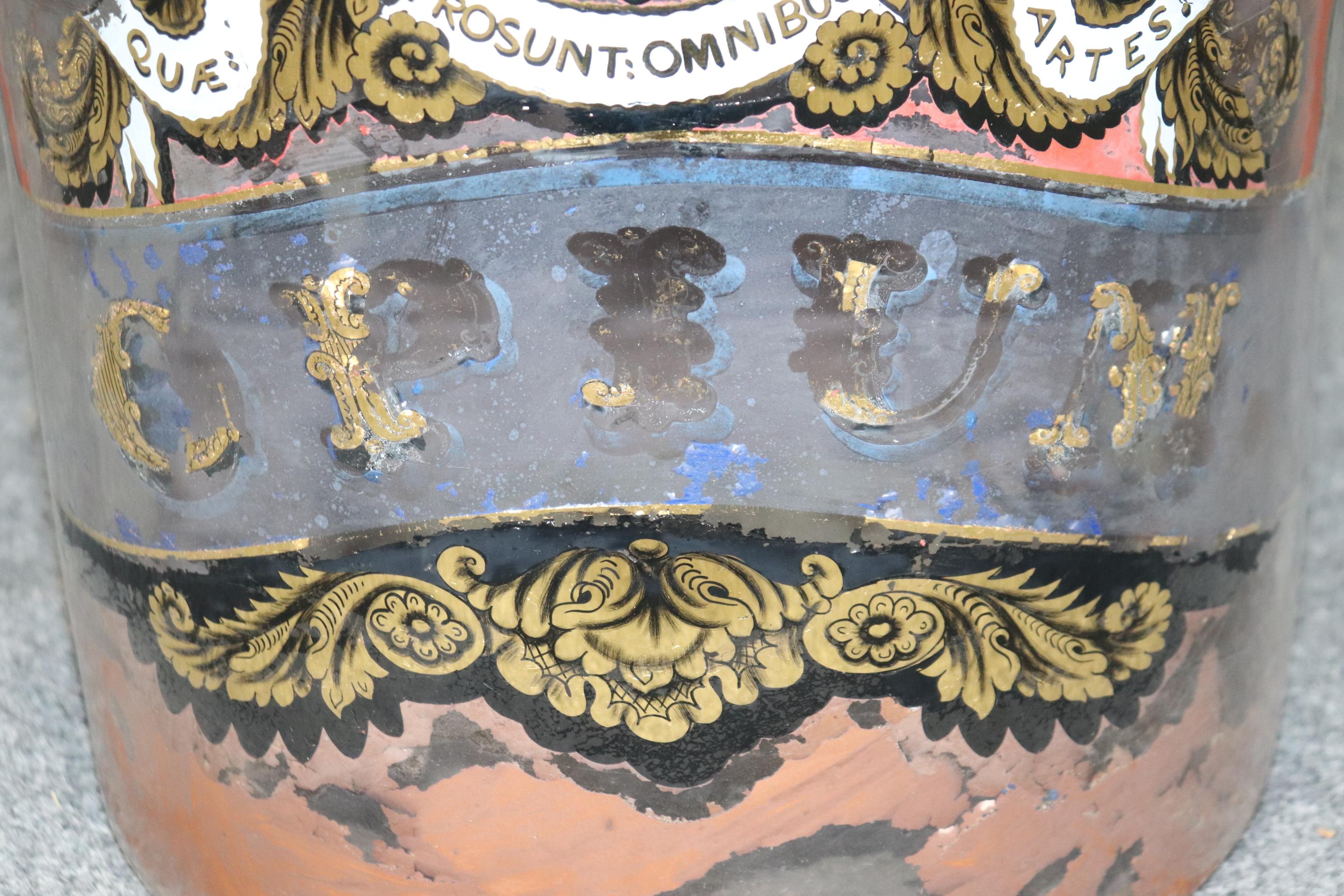 English Huge Glass Rare Eglomise Paint Decorated Advertising Opium Jar from 1870s Era