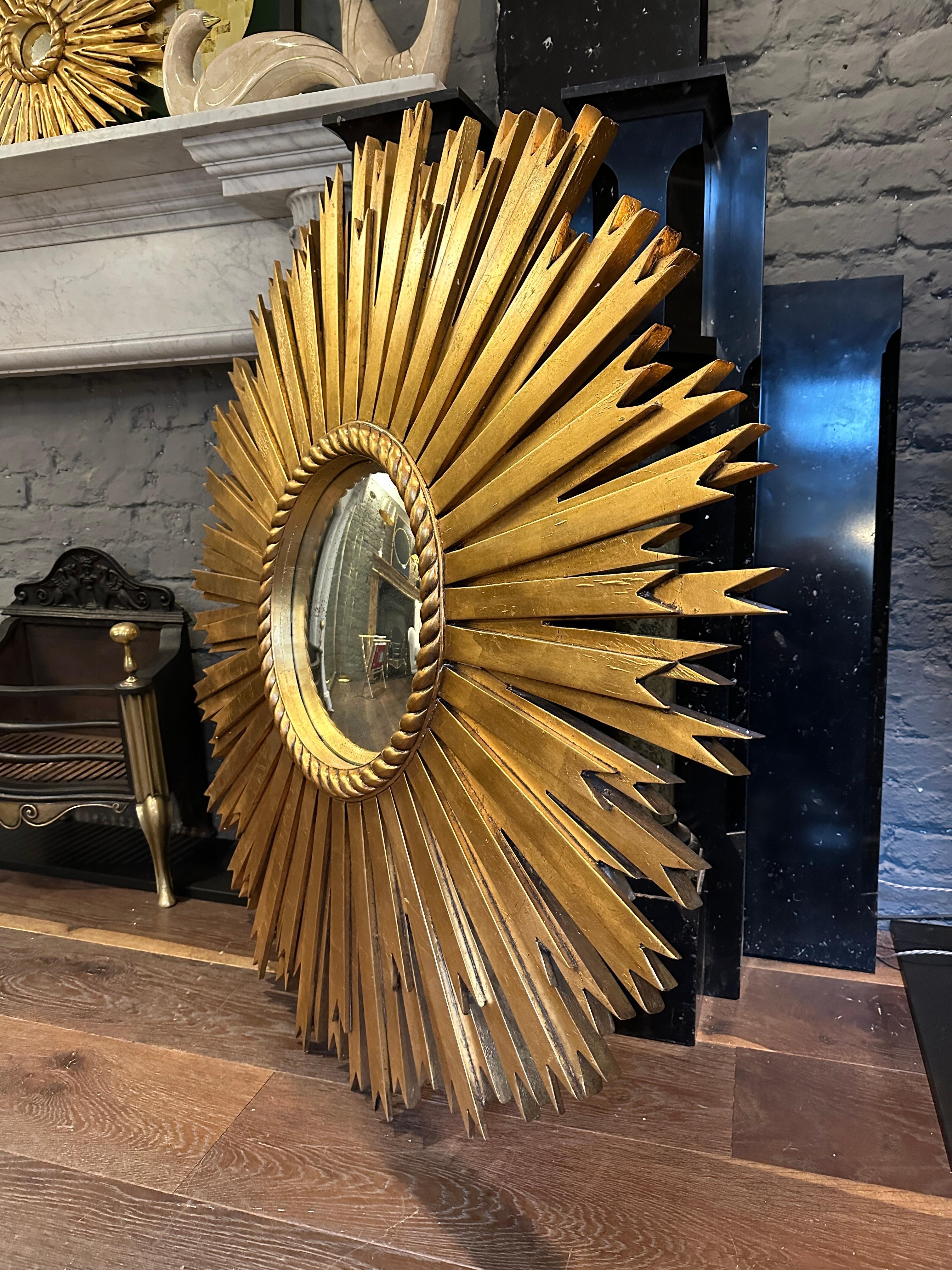 Mid-Century Modern Huge Gold Gilt Carved Sunburst Convex Mirror  For Sale