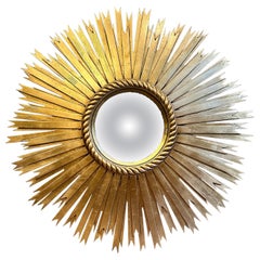 Enorme Espejo Convexo Dorado Tallado Sunburst