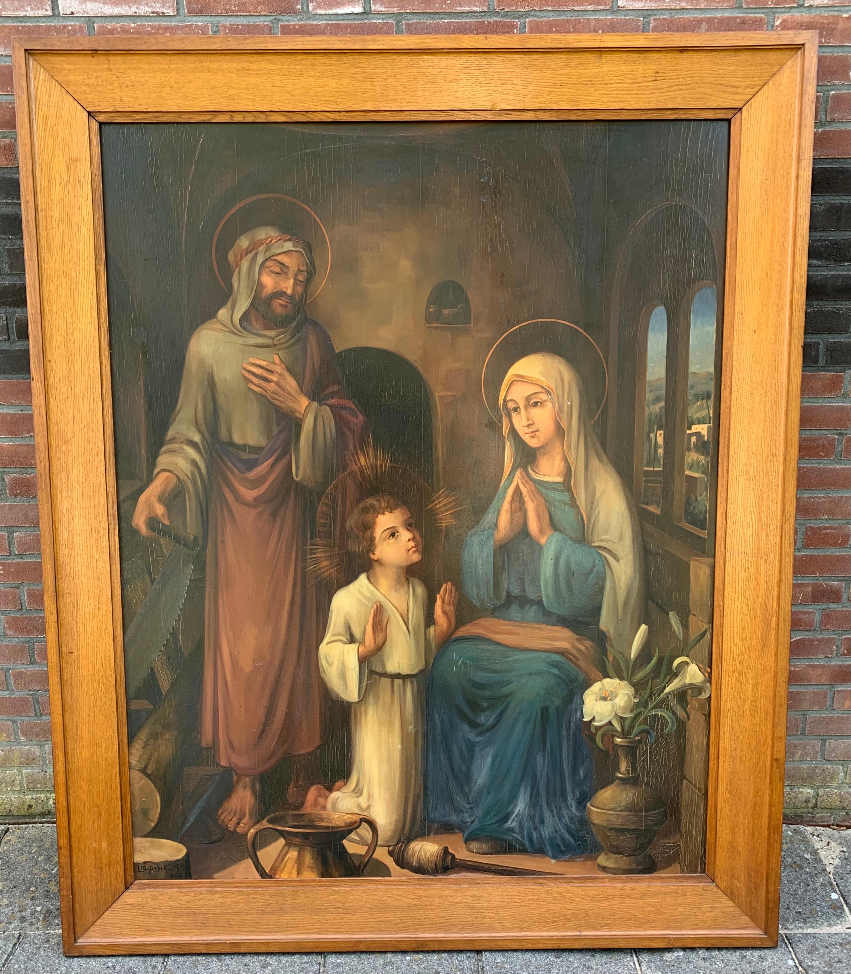 Mid-20th Century Huge Gothic Art Painting from Holy Family by Lou Asperslagh in Stylish Oak Frame