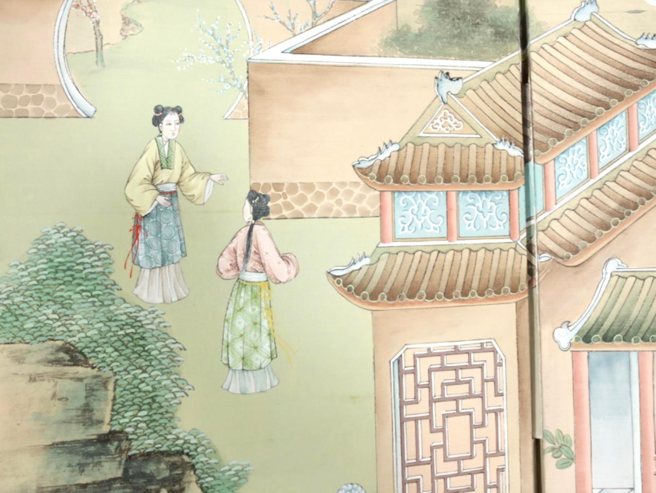 Huge Gracie Hand Painted Silk Eight Panel Chinoiserie Screen. Mid Century. Beautiful Chinoiserie scenes on silk featuring figures, birds and landscape in soft pink, green and tan colors. Back is painted in a solid light rose color. Unique end