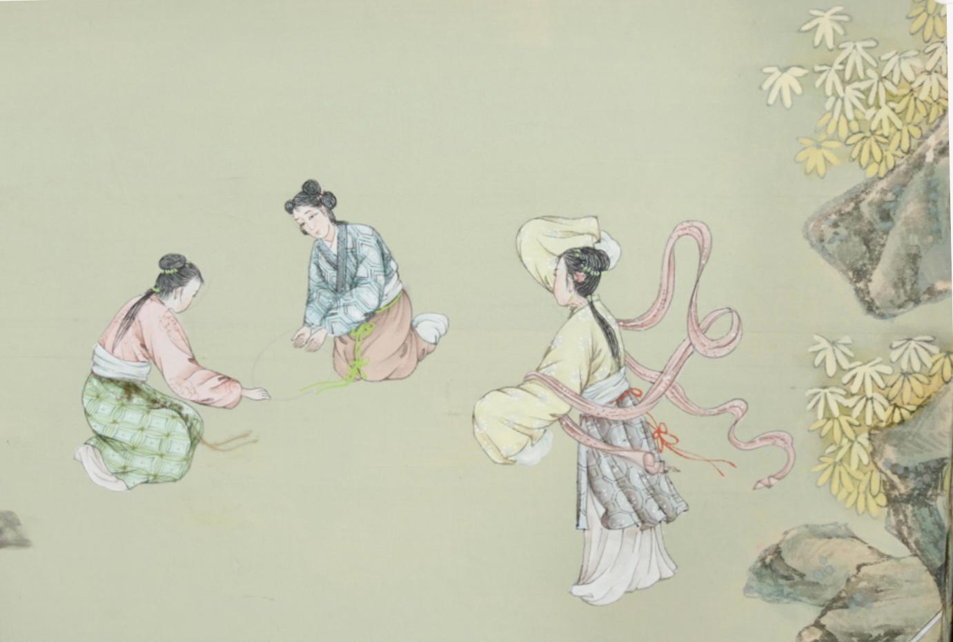 Chinese Huge Gracie Hand Painted Silk Eight Panel Chinoiserie Screen