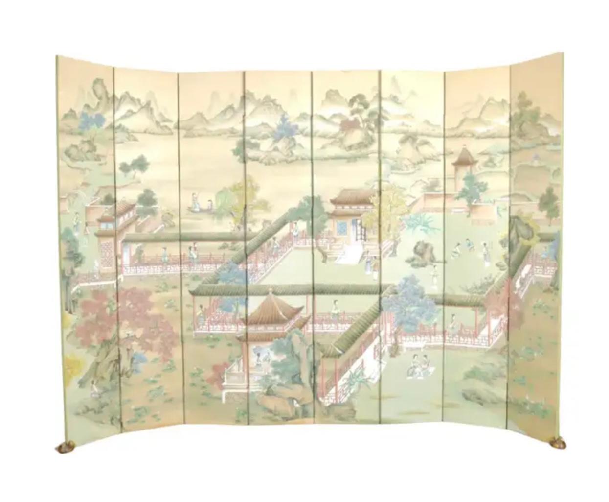 Huge Gracie Hand Painted Silk Eight Panel Chinoiserie Screen 4