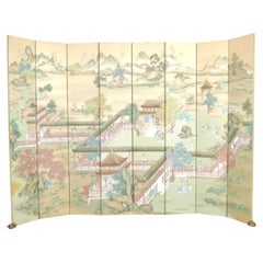 Vintage Huge Gracie Hand Painted Silk Eight Panel Chinoiserie Screen