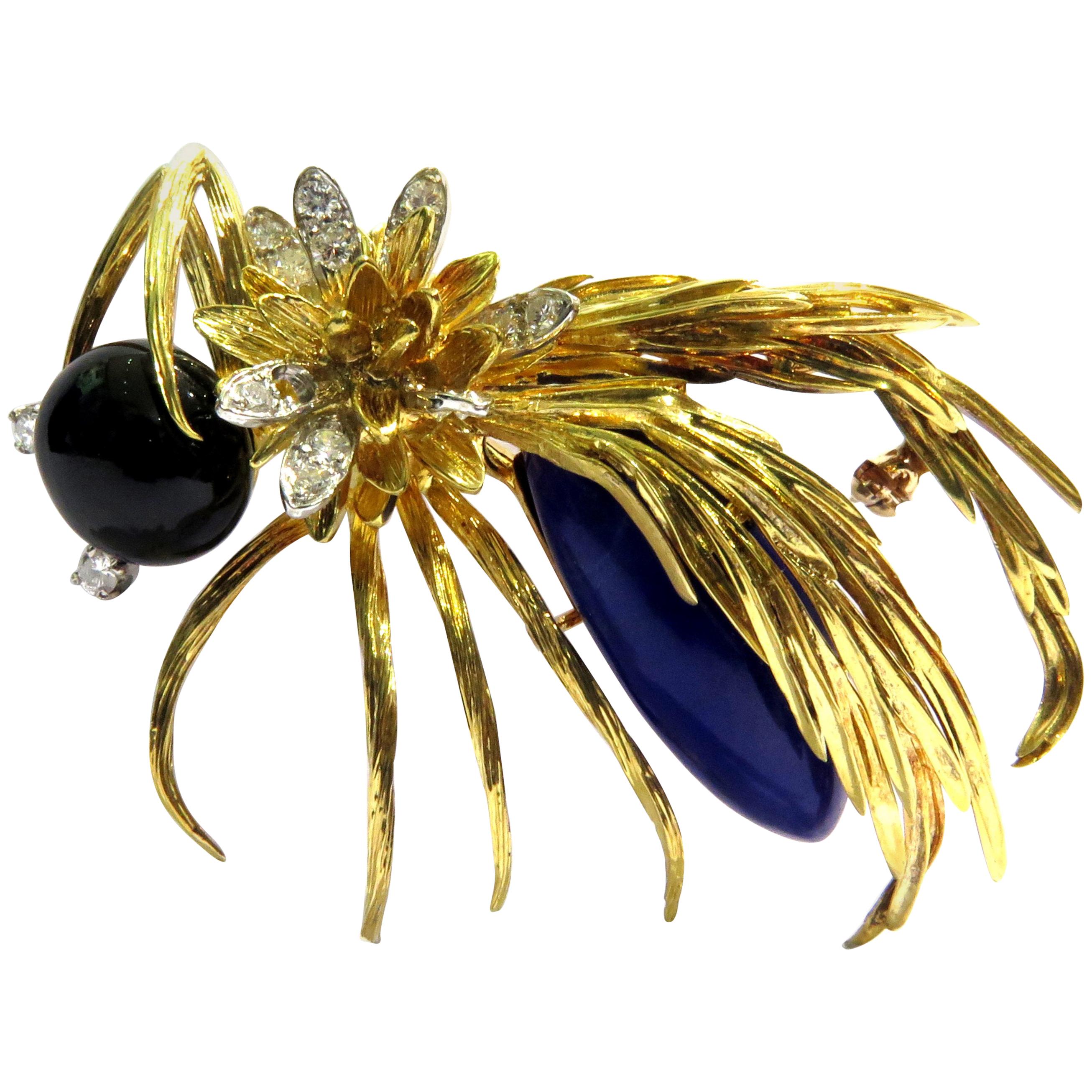 Huge Hammerman Brothers Platinum Gold Wasp Pin Brooch With Diamonds Lapis & Onyx For Sale