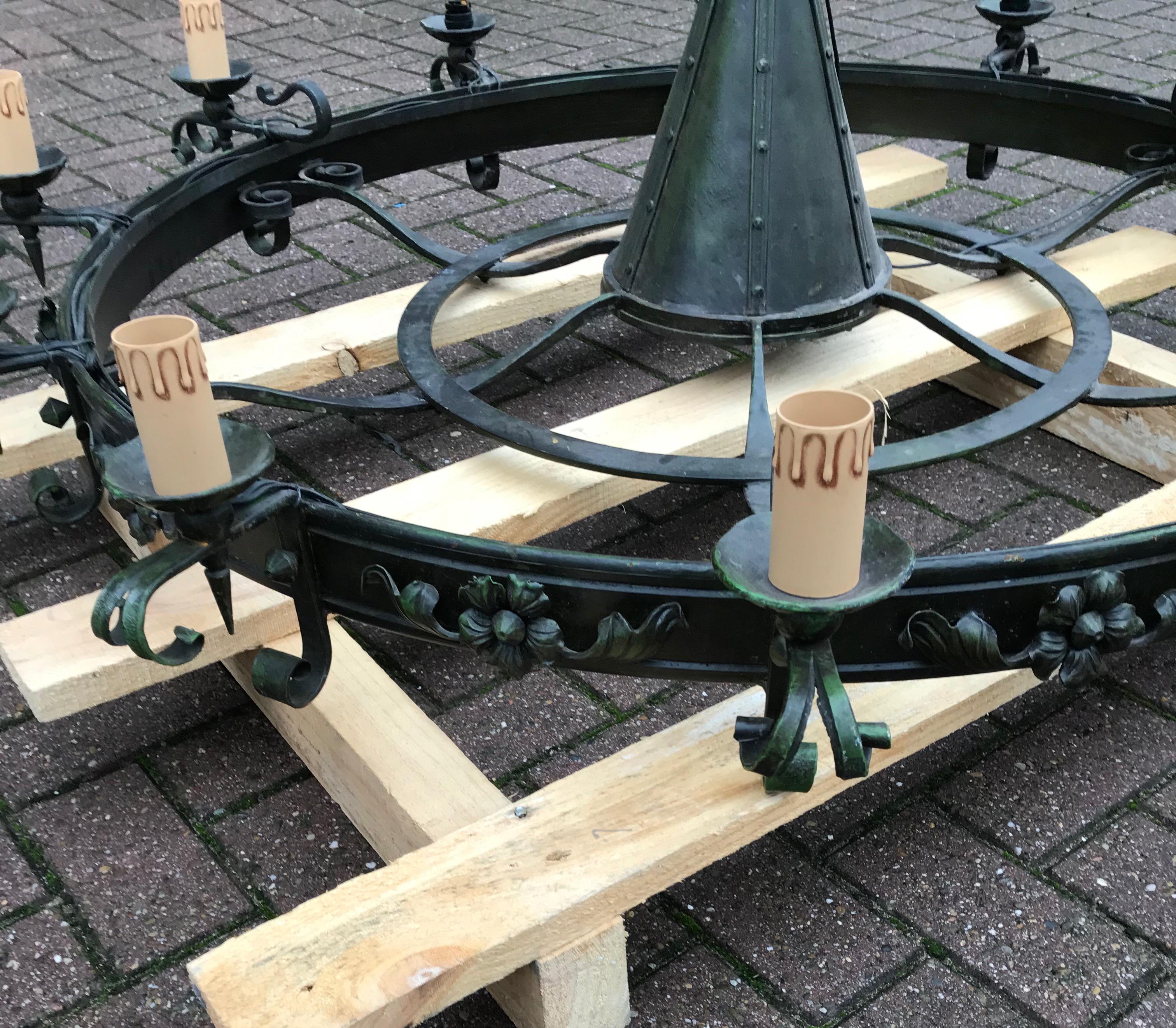 Enormous Crafted Wrought Iron Chandelier w. 12 Torch Lights and One Centre Light 9