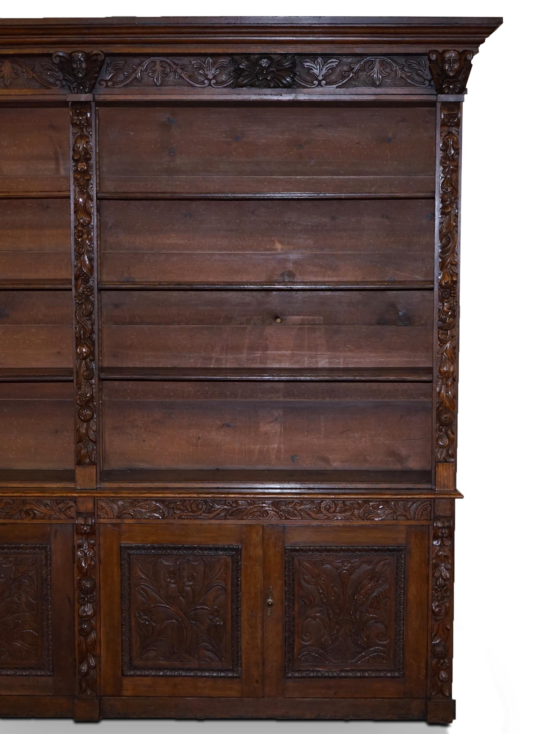 Huge Hand Ornately Carved Antique Victorian Oak Library Bookcase Cupboard Base For Sale 5