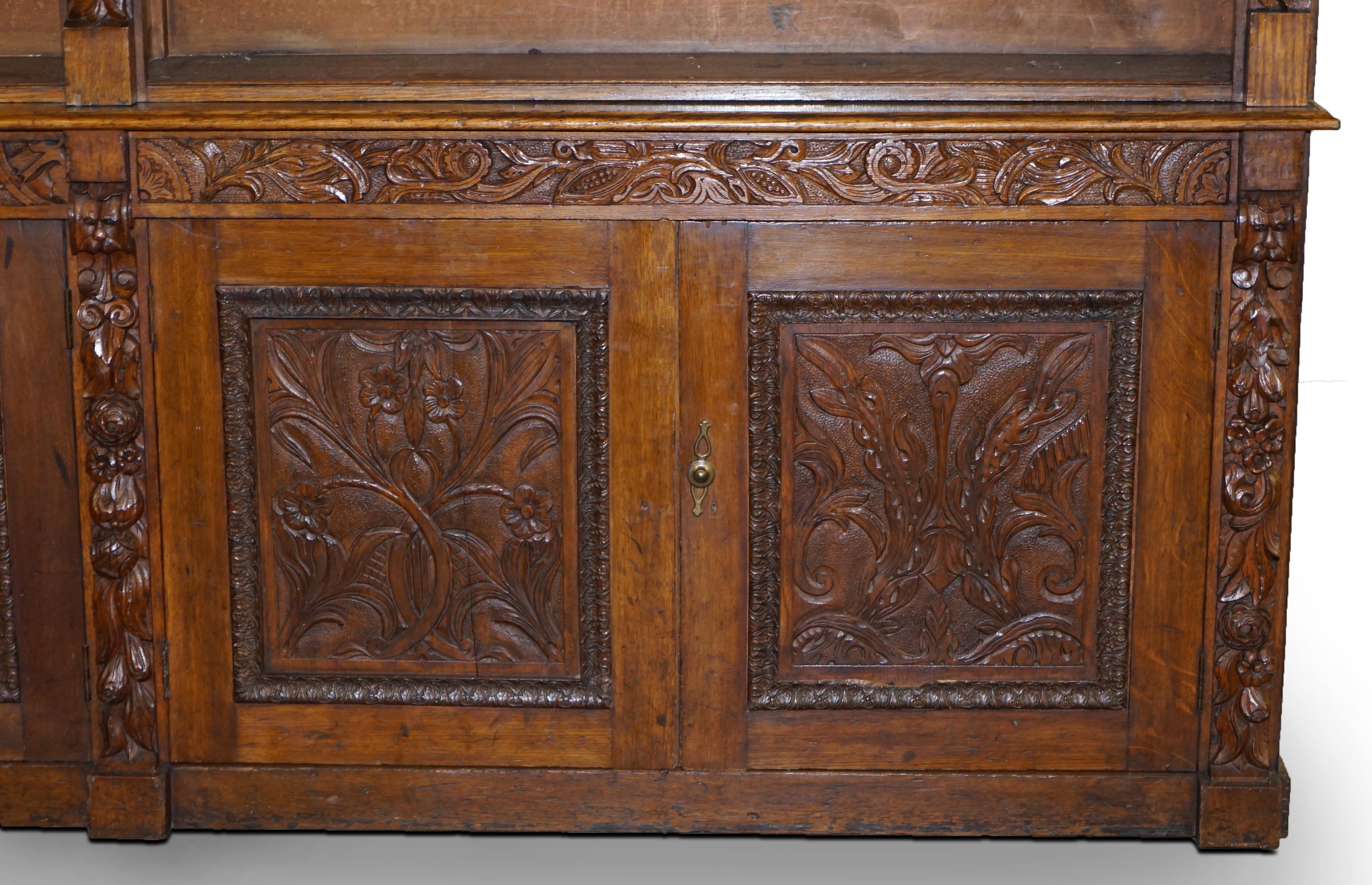 Huge Hand Ornately Carved Antique Victorian Oak Library Bookcase Cupboard Base For Sale 6