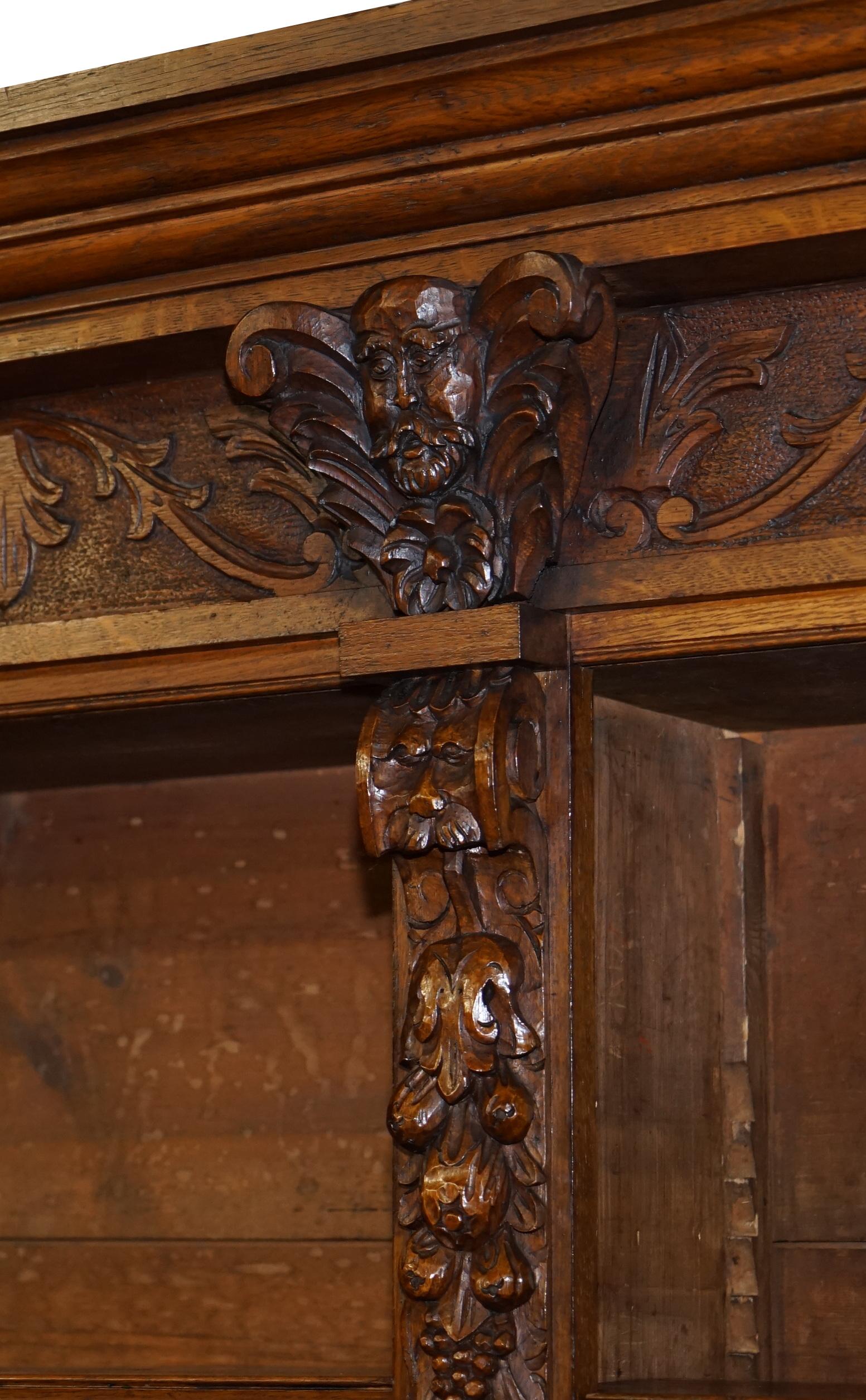 Huge Hand Ornately Carved Antique Victorian Oak Library Bookcase Cupboard Base For Sale 8