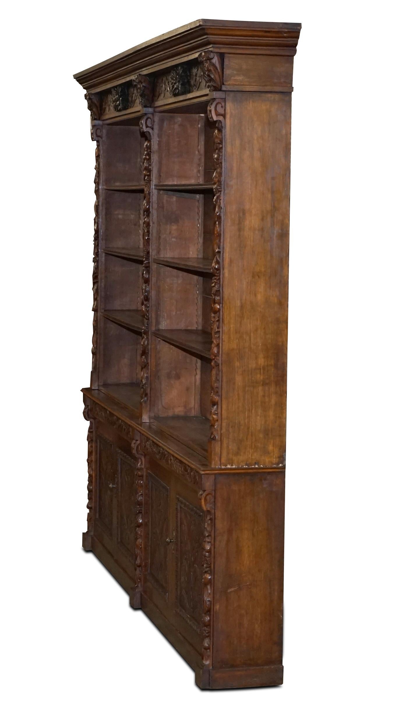 Huge Hand Ornately Carved Antique Victorian Oak Library Bookcase Cupboard Base For Sale 13