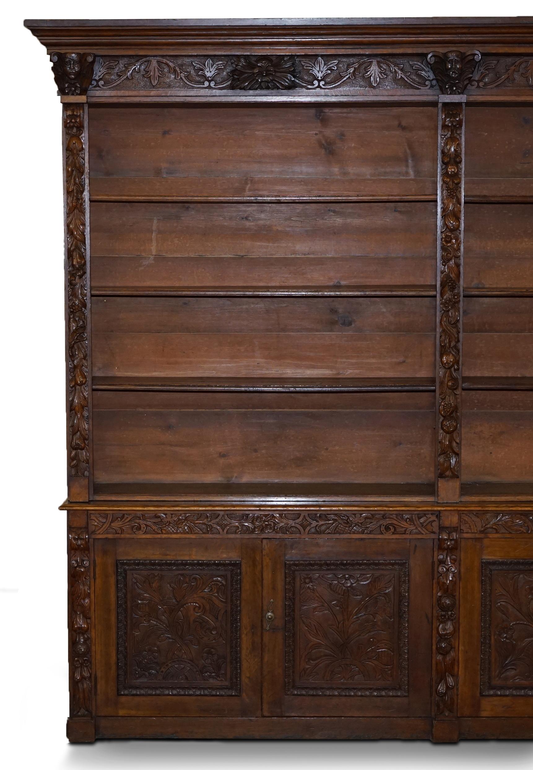 Early Victorian Huge Hand Ornately Carved Antique Victorian Oak Library Bookcase Cupboard Base For Sale