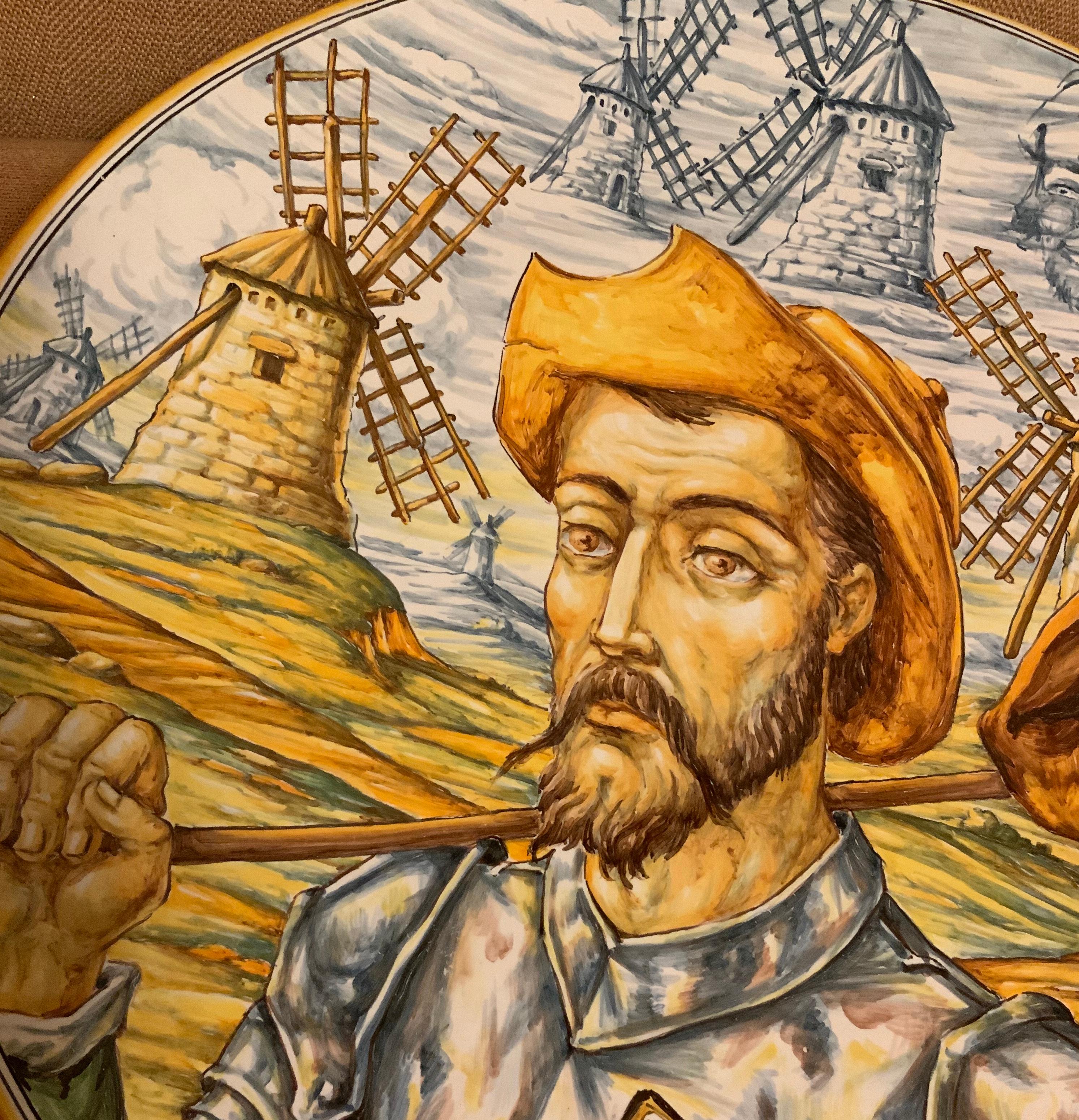 Hand-Crafted Huge Hand Painted Spaniard Majolica Wall Plate of Don Quixote and Sancho