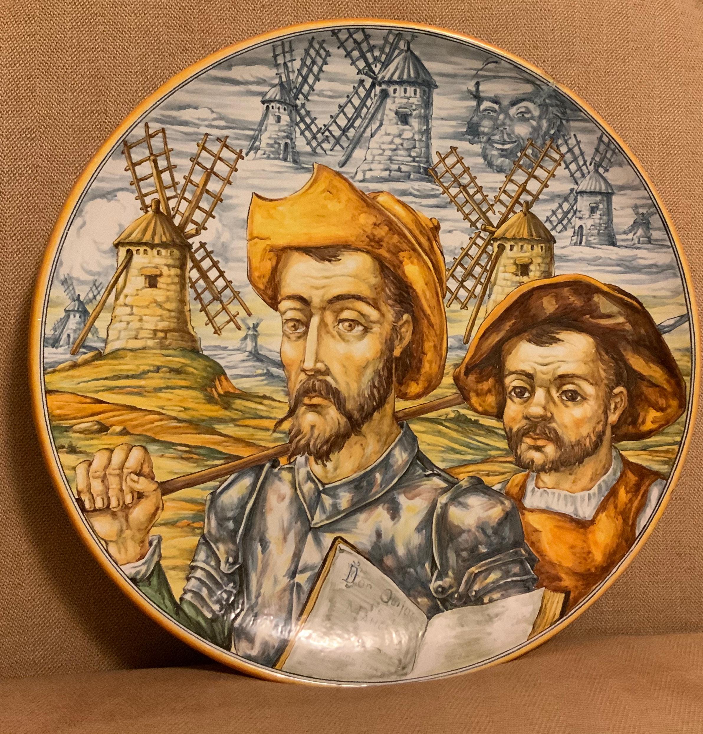 Clay Huge Hand Painted Spaniard Majolica Wall Plate of Don Quixote and Sancho