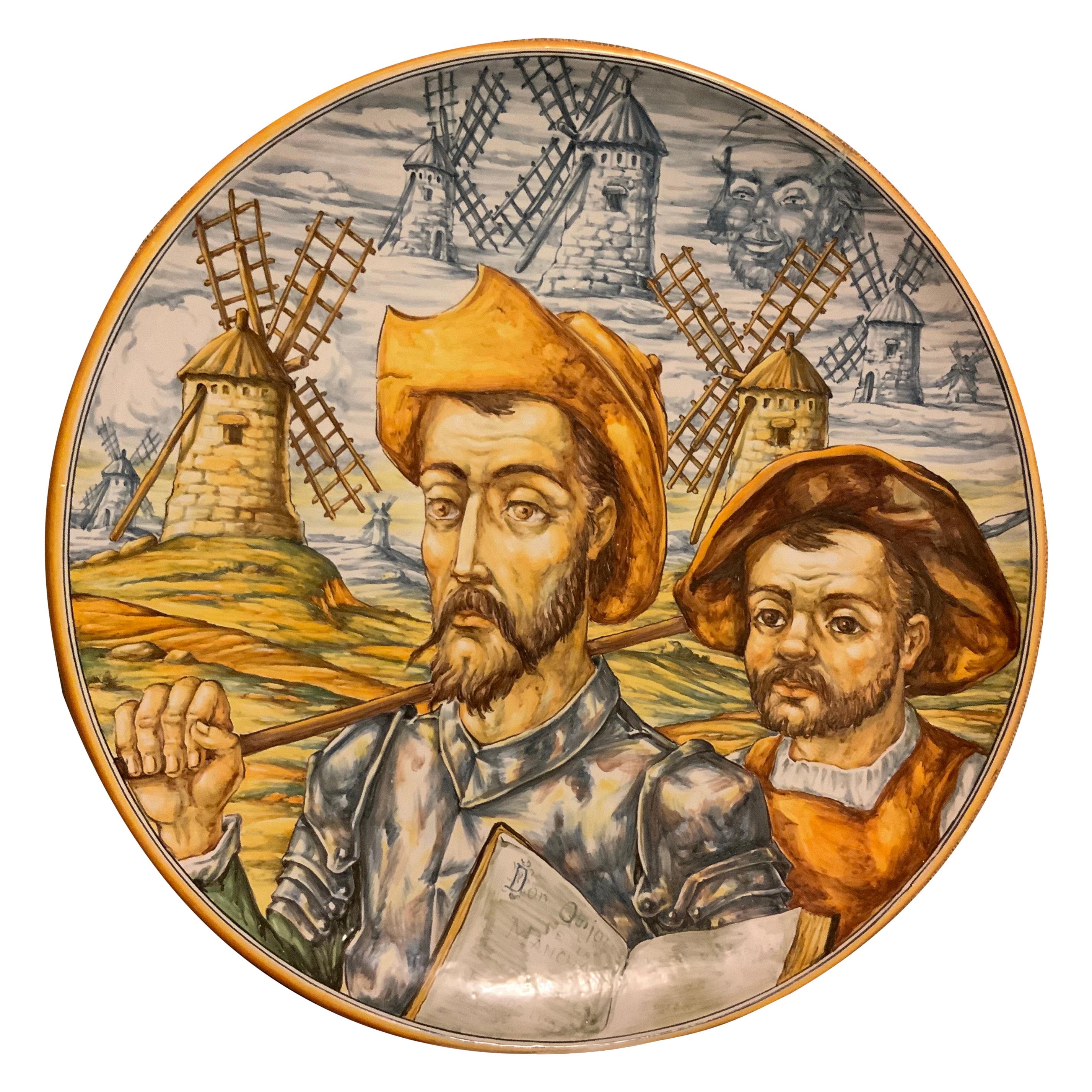 Huge Hand Painted Spaniard Majolica Wall Plate of Don Quixote and Sancho