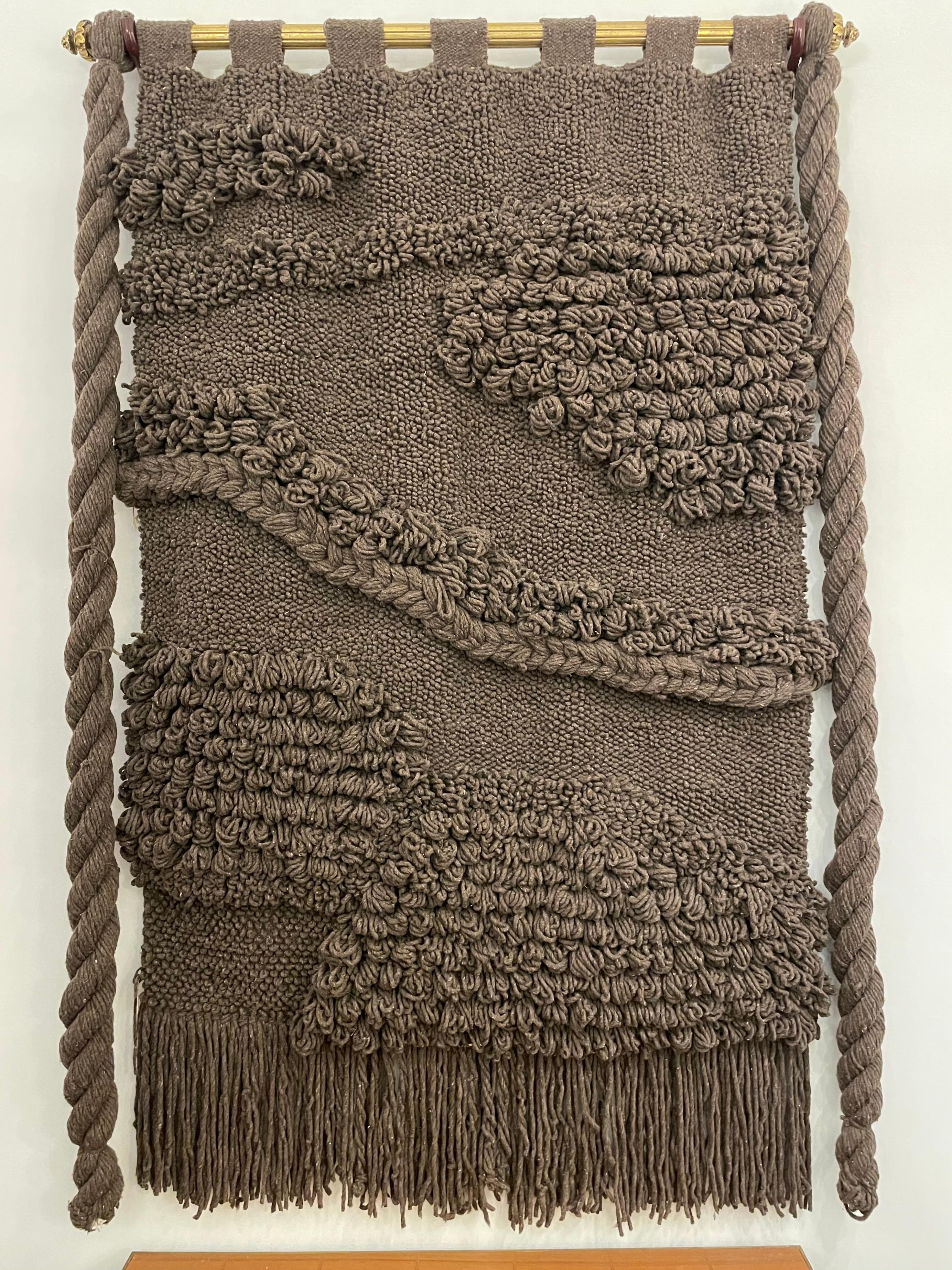 Huge Hand Woven Wool Wall Tapestry in Chocolate/Charcoal Tone For Sale 2