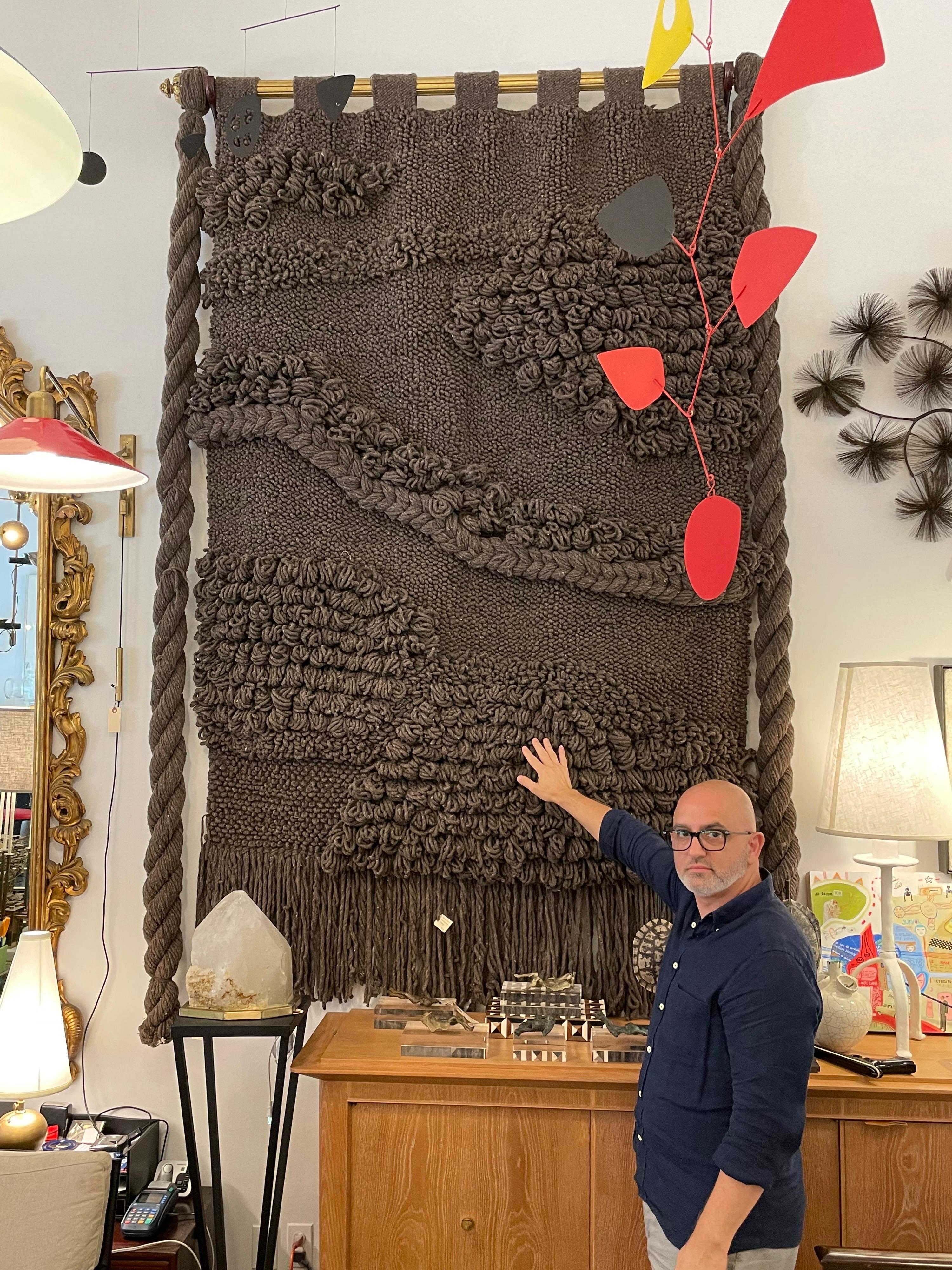 Hand-Woven Huge Hand Woven Wool Wall Tapestry in Chocolate/Charcoal Tone For Sale
