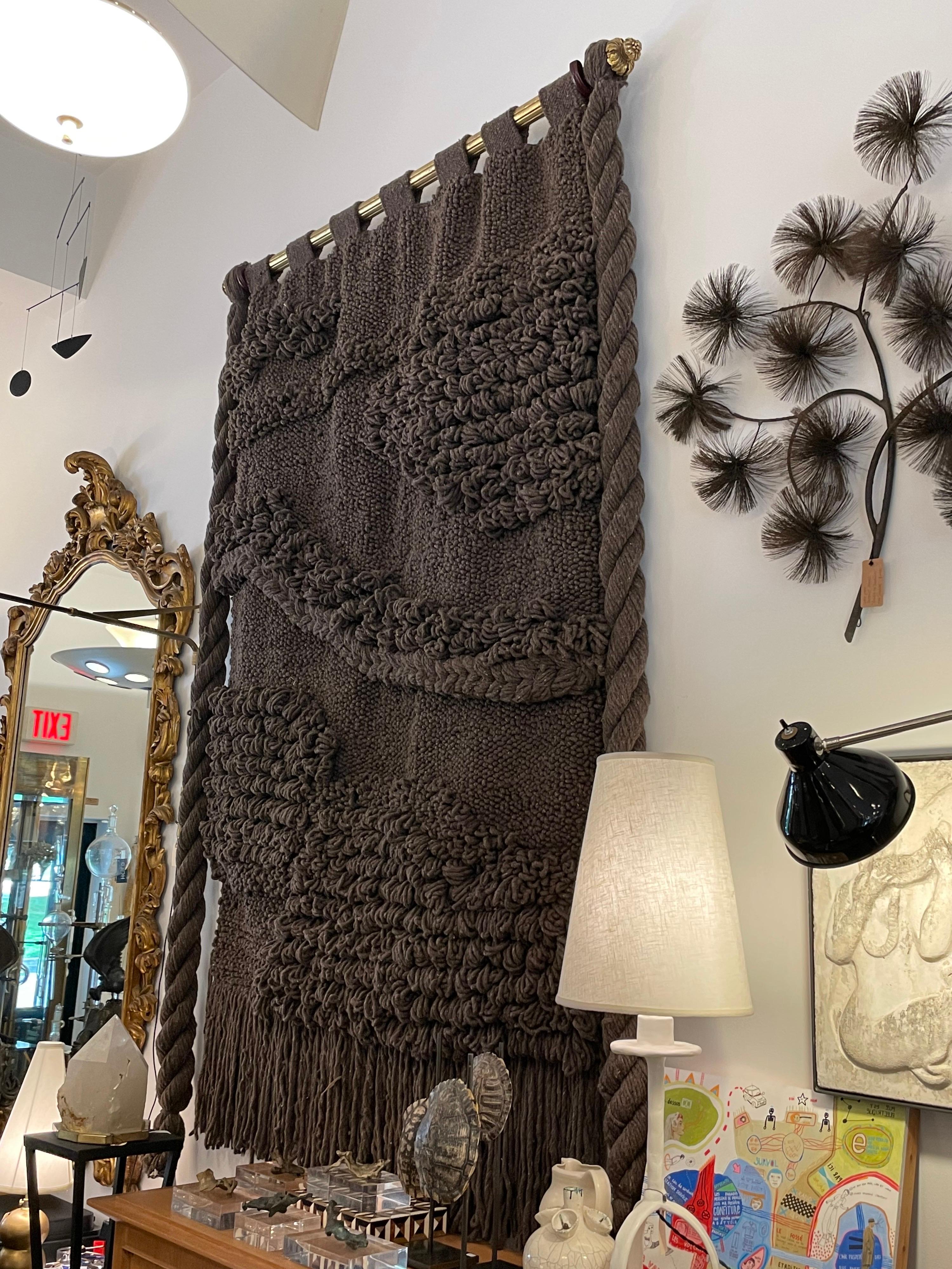 Huge Hand Woven Wool Wall Tapestry in Chocolate/Charcoal Tone In Good Condition For Sale In East Hampton, NY